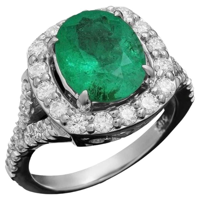 3.80 Carats Natural Emerald and Diamond 14K Solid White Gold Ring