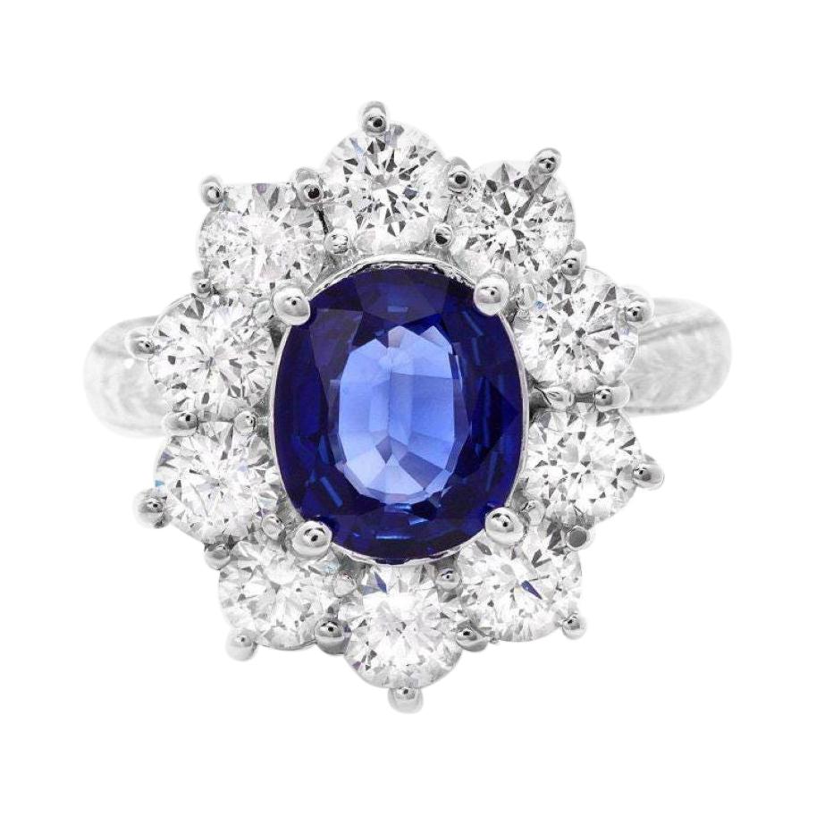 3.80 Carats Natural Sapphire and Diamond 18k Solid White Gold Ring