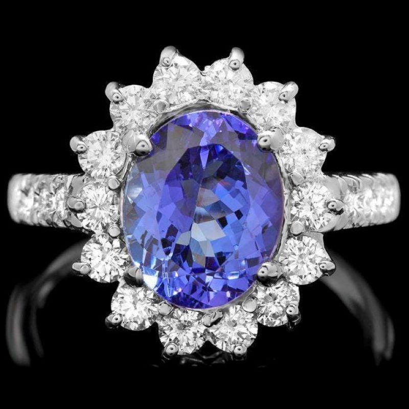 Mixed Cut 3.80 Carats Natural Tanzanite and Diamond 18K Solid White Gold Ring For Sale