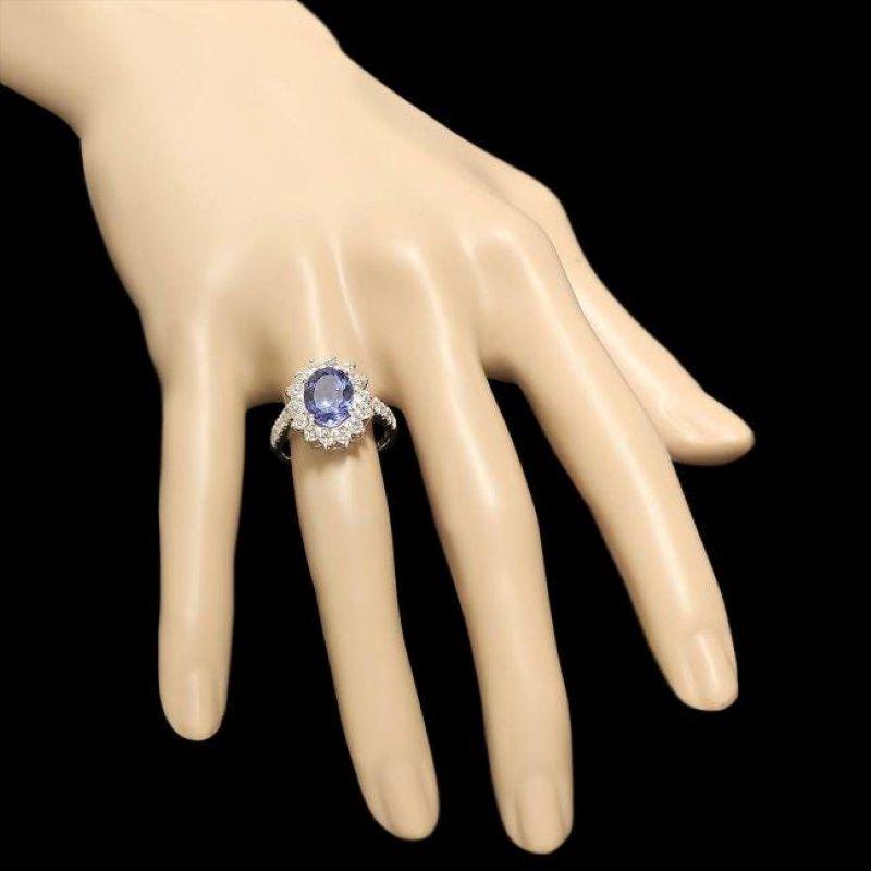 3.80 Carats Natural Tanzanite and Diamond 18K Solid White Gold Ring In New Condition For Sale In Los Angeles, CA