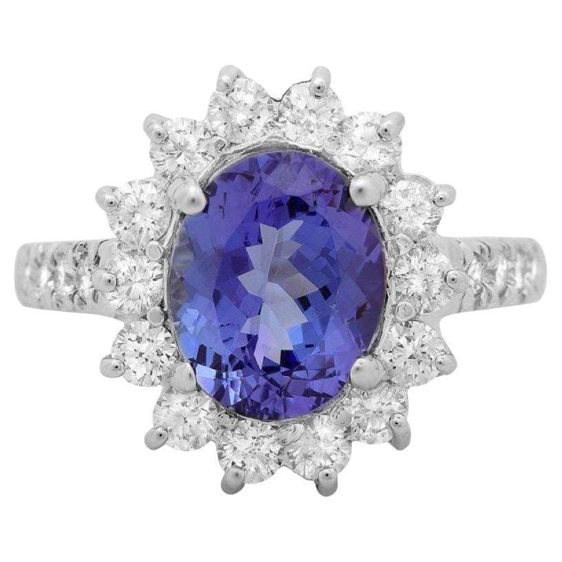 3.80 Carats Natural Tanzanite and Diamond 18K Solid White Gold Ring For Sale