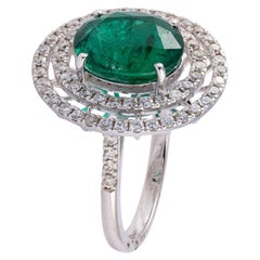 3.80 Carats Natural Zambian Emerald Ring with 0.75 Carats Diamonds and 14k Gold