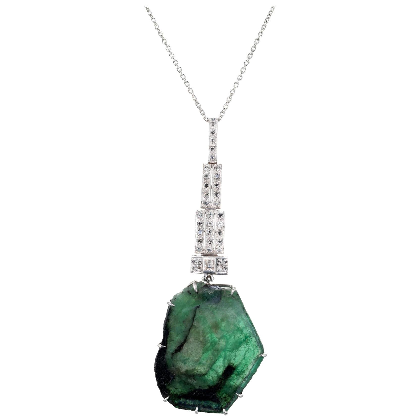 38.00 Carat Natural Emerald Crystal Diamond Platinum Pendant Necklace