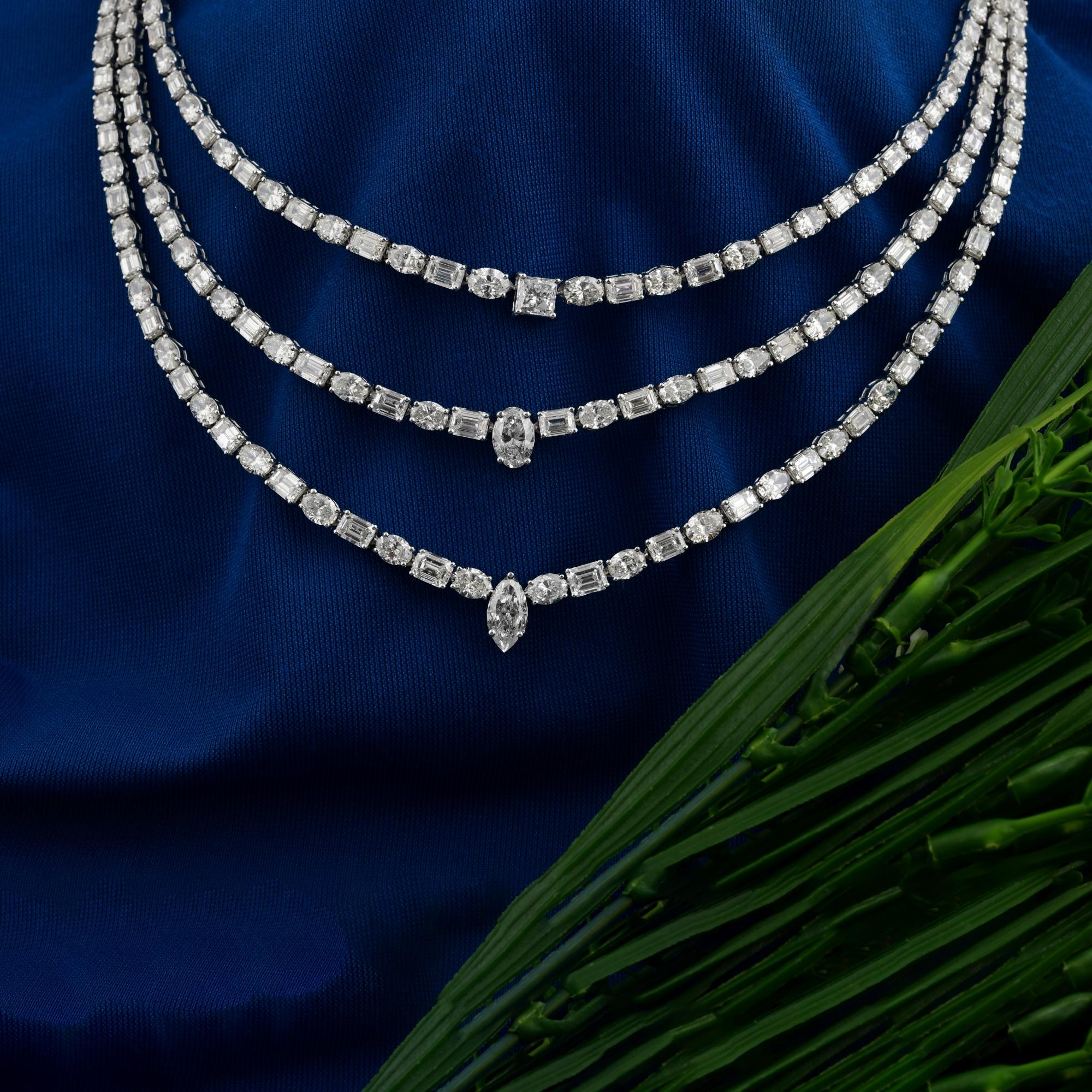 Collar gargantilla de tres vueltas de oro blanco de 14k con diamantes naturales SI/H de 38,03 quilates en venta 1