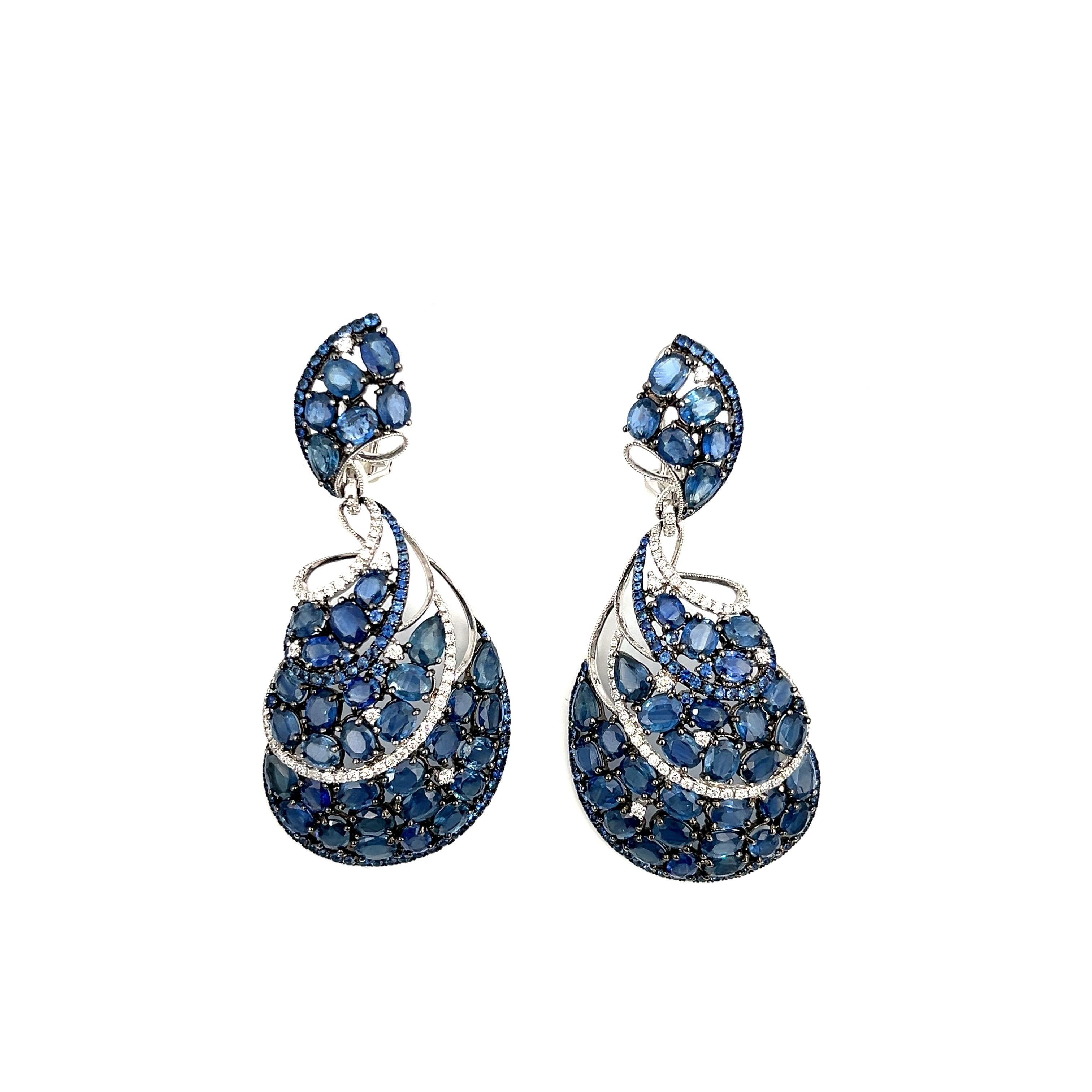 Women's or Men's 39.67 ct Natural Sapphire & Diamond Dangle Earrings For Sale