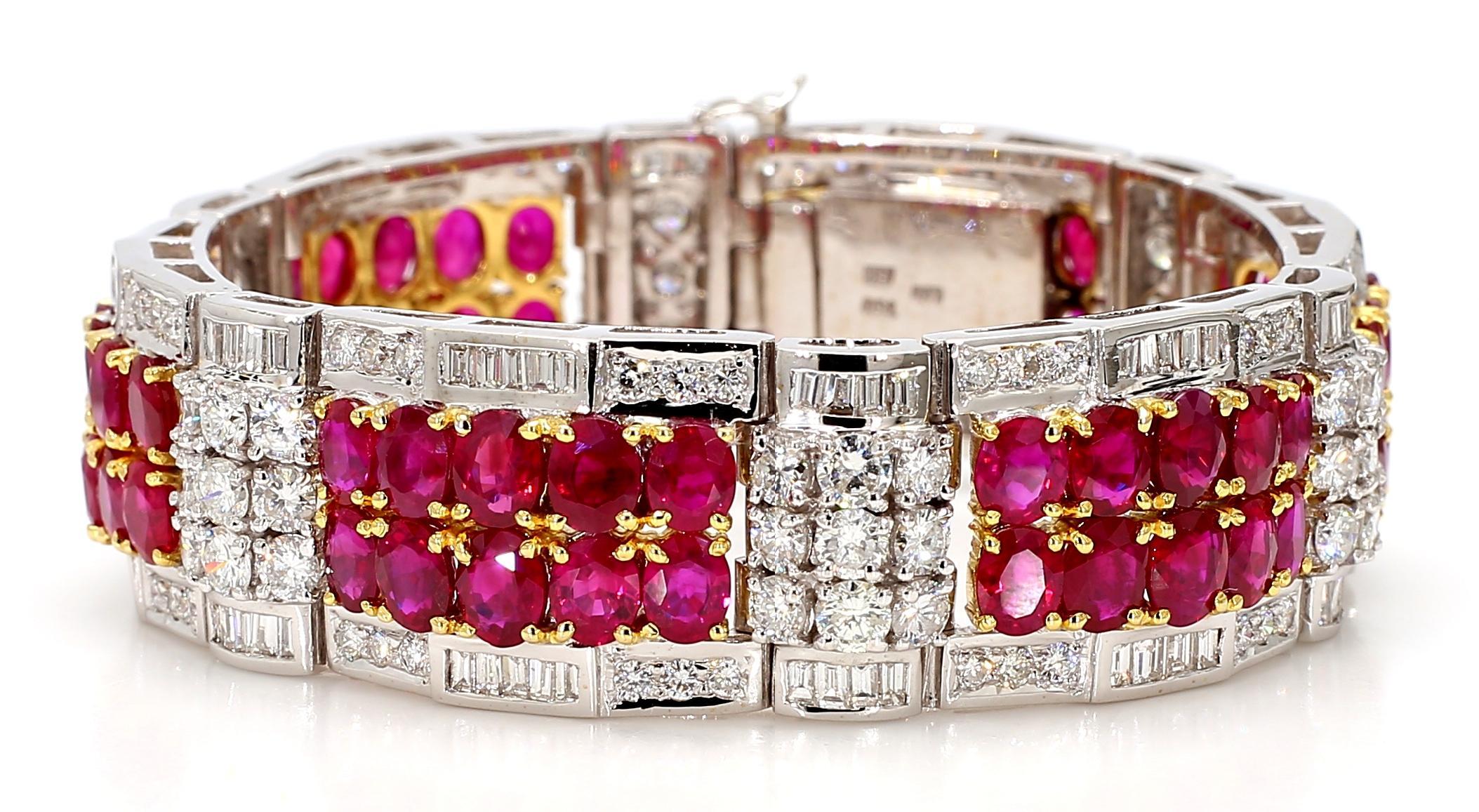 The Iris Fine Jewelry bracelet is a captivating creation featuring 8.23 carats of round, white diamonds with a clarity of VS2 and a color grade of F. Complemented by 38.4 carats of vibrant red round rubies, this piece showcases a harmonious blend of