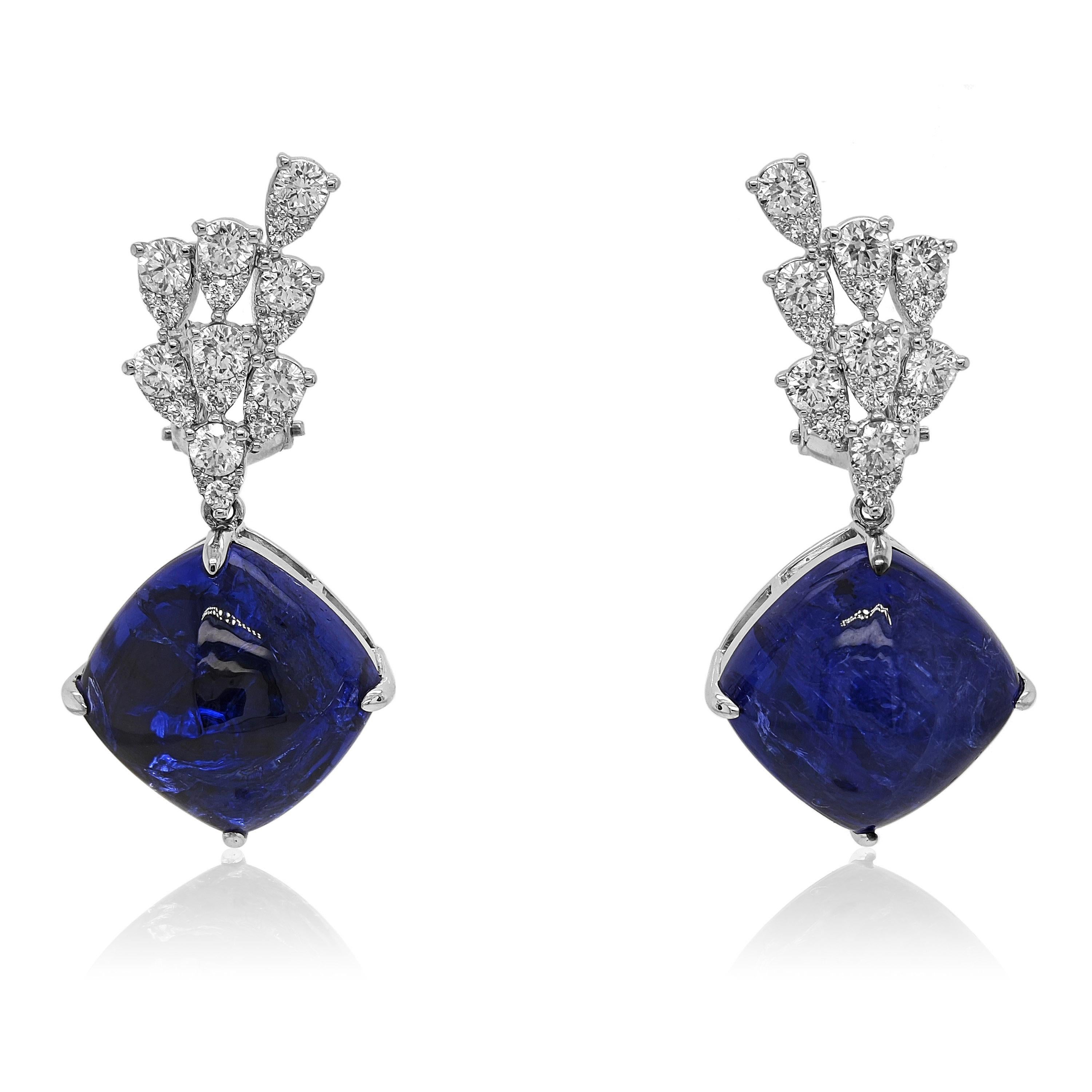 Sugarloaf Cabochon 38.04 Carats Tanzanite and White Diamond White Gold Earrings For Sale