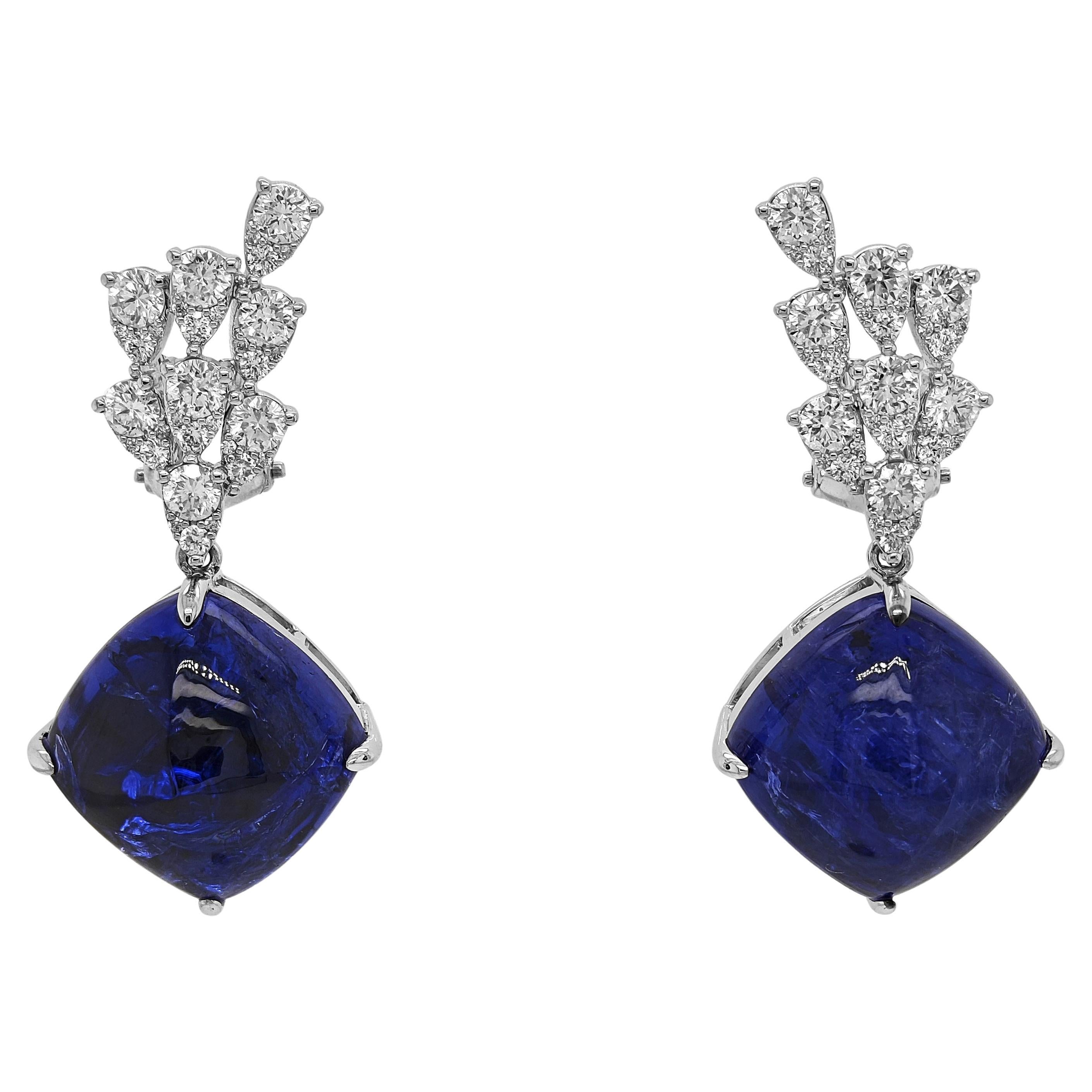 38.04 Carats Tanzanite and White Diamond White Gold Earrings For Sale