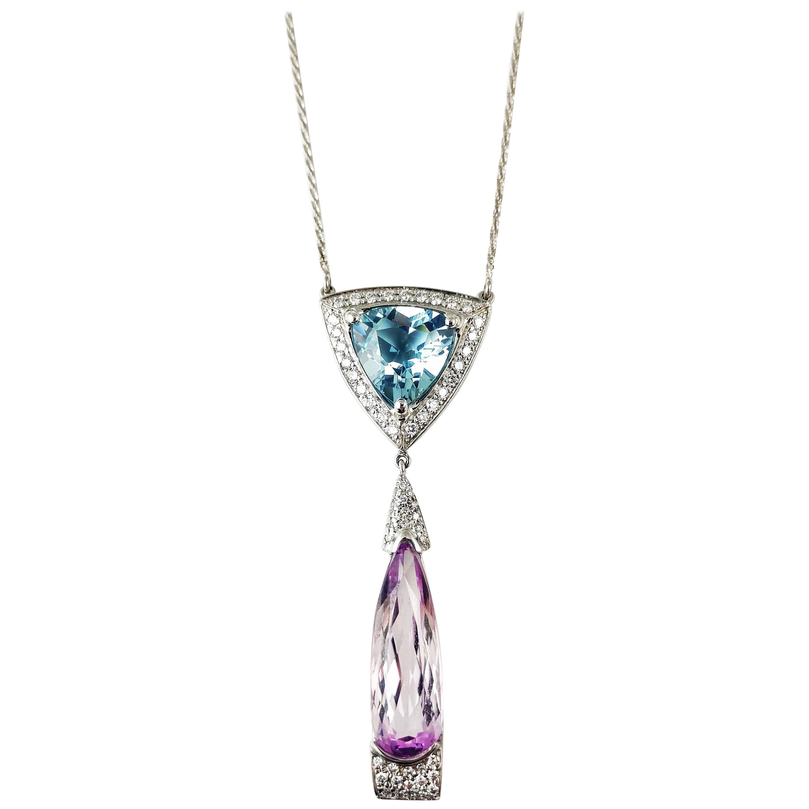 3.80Ct Aquamarine 8.20Ct Pink Tear-Drop Kunzite in a Classic Diamond Necklace For Sale
