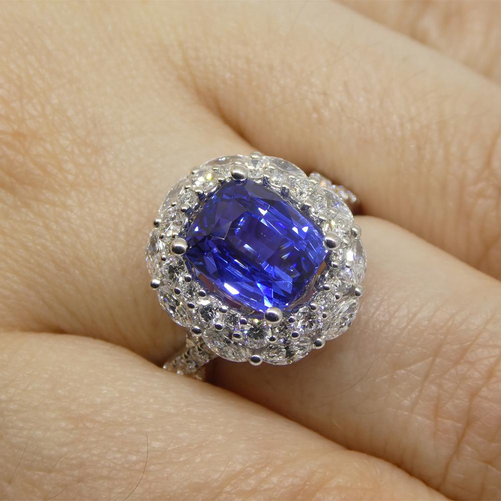 Contemporary 3.80ct Blue Sapphire, Diamond Engagement/Statement Ring in 18K White Gold For Sale