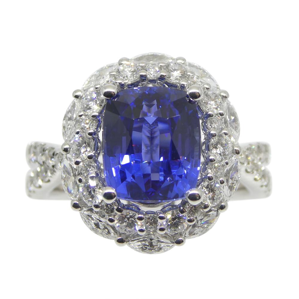 Cushion Cut 3.80ct Blue Sapphire, Diamond Engagement/Statement Ring in 18K White Gold For Sale