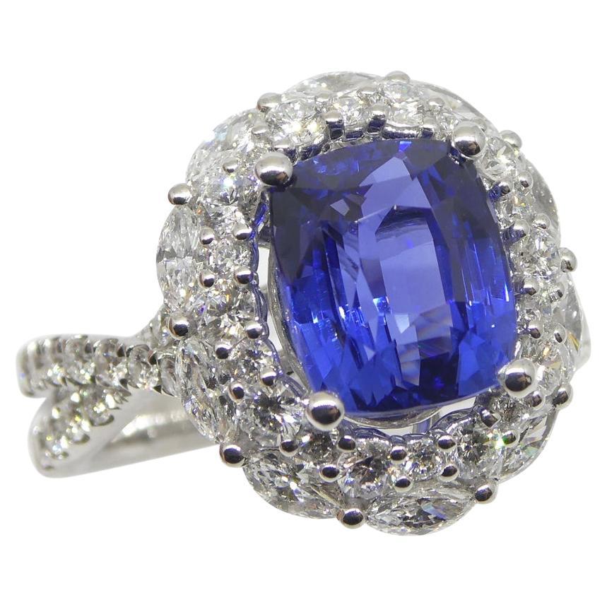 Bague de fiançailles/de statut en or blanc 18 carats avec saphir bleu de 3,80 carats et diamants