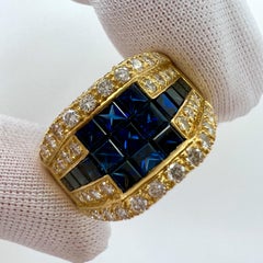 3.80ct Vintage French Mystery Set Blue Sapphire Diamond 18k Yellow Gold Ring