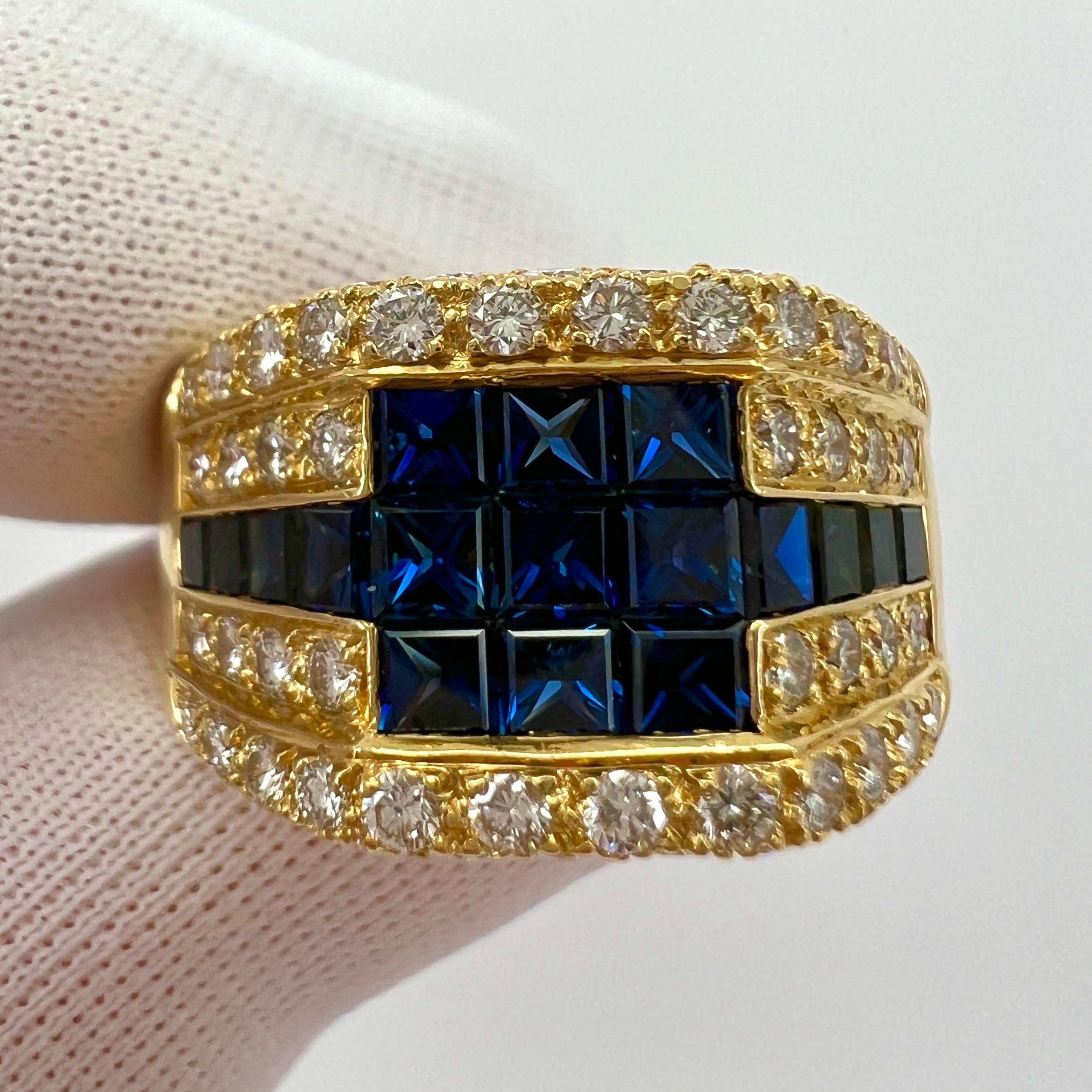 Princess Cut 3.80ct Vintage French Mystery Set Blue Sapphire Diamond 18k Yellow Gold Ring For Sale