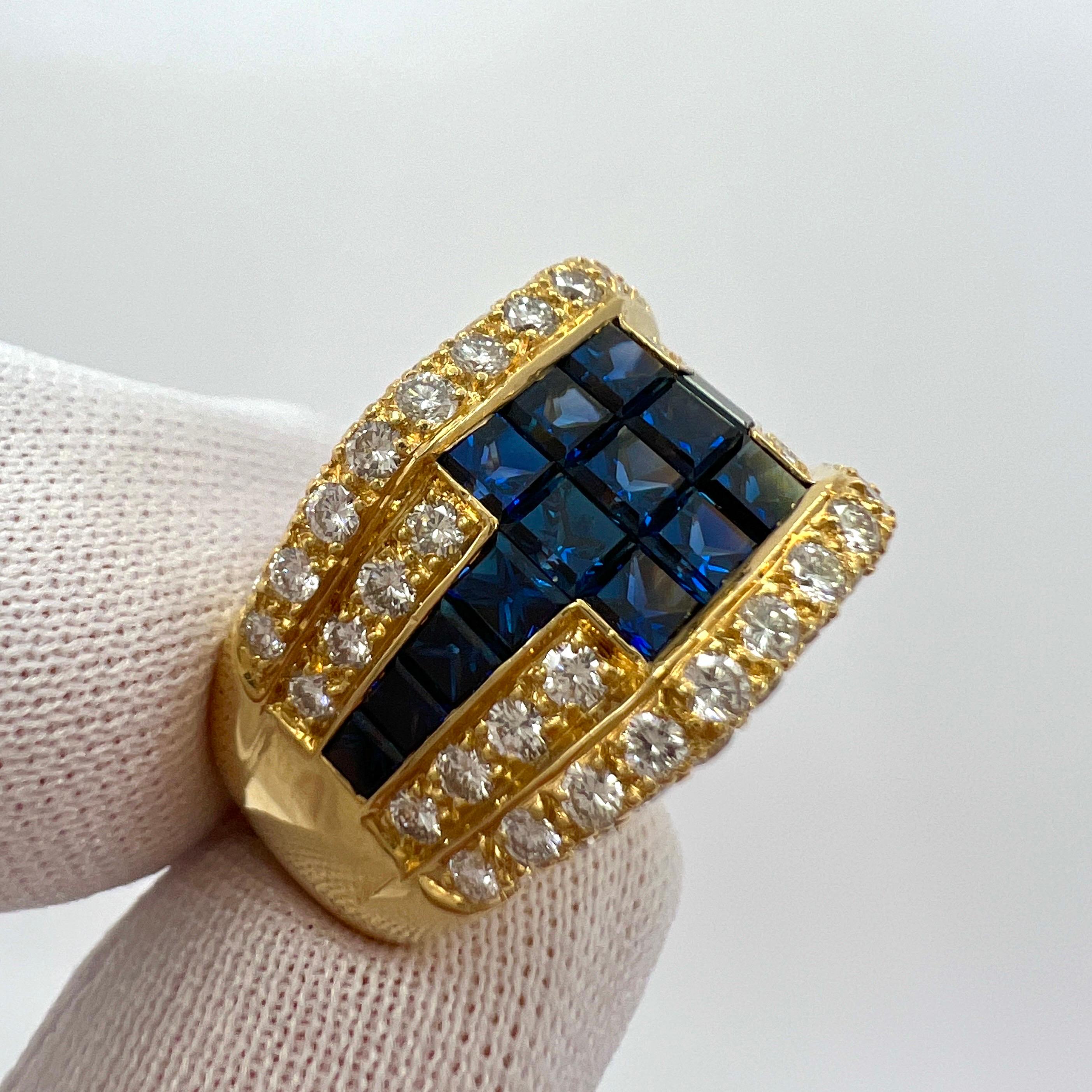 3.80ct Vintage French Mystery Set Blue Sapphire Diamond 18k Yellow Gold Ring In Excellent Condition For Sale In Birmingham, GB