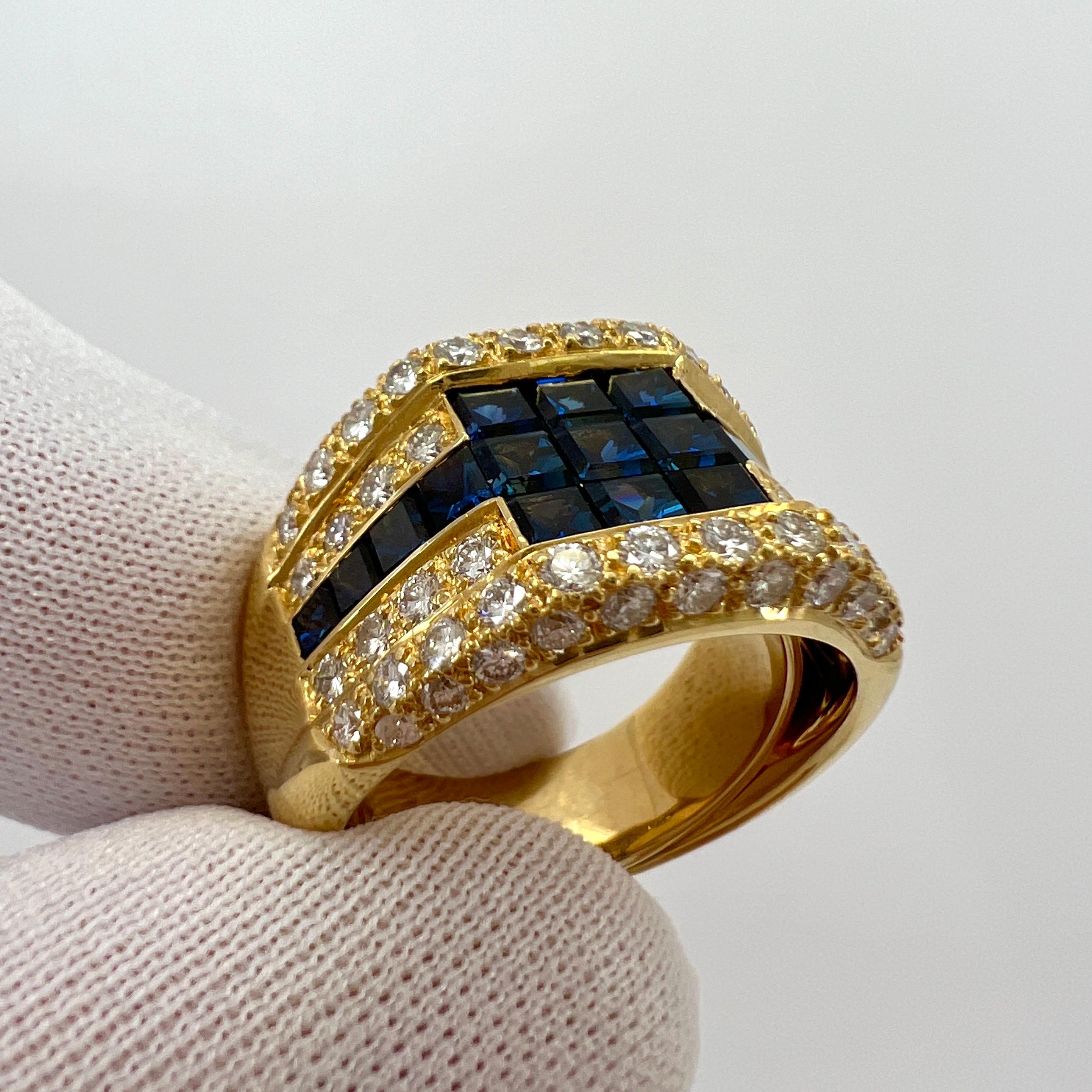 3.80ct Vintage French Mystery Set Blue Sapphire Diamond 18k Yellow Gold Ring For Sale 1