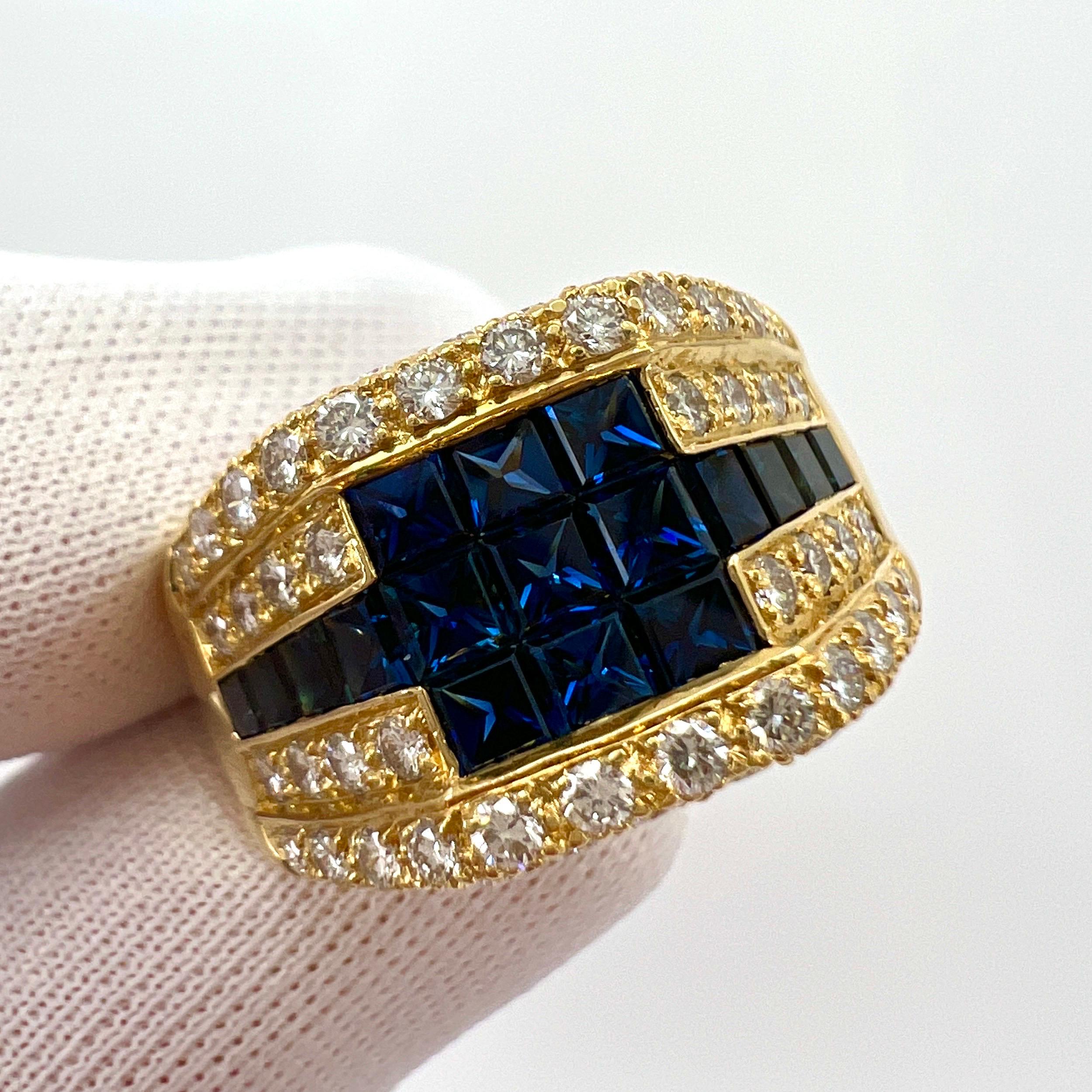 3.80ct Vintage French Mystery Set Blue Sapphire Diamond 18k Yellow Gold Ring For Sale 2