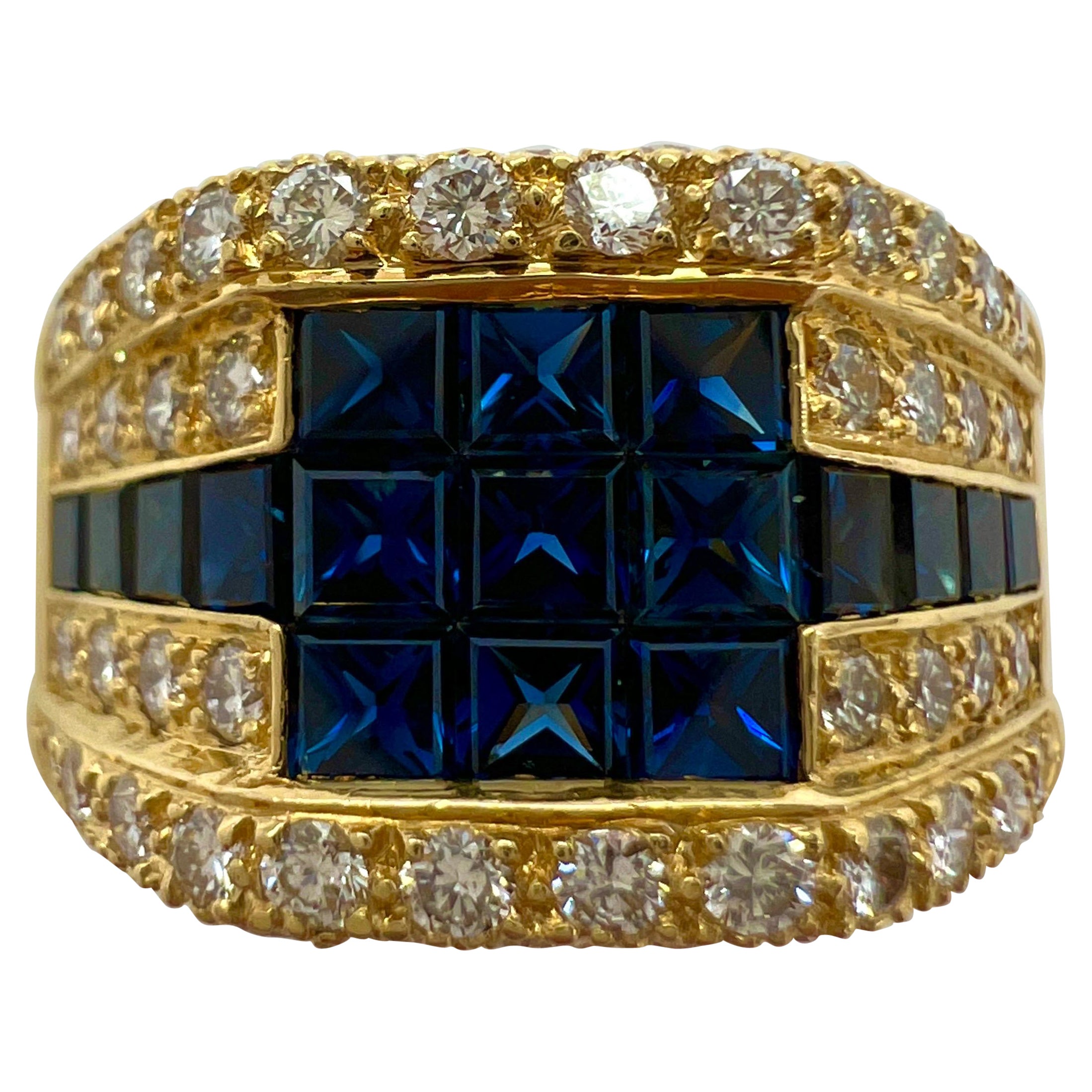 Bague française vintage en or jaune 18 carats avec saphir bleu serti en mystérieux et diamants de 3,80 carats