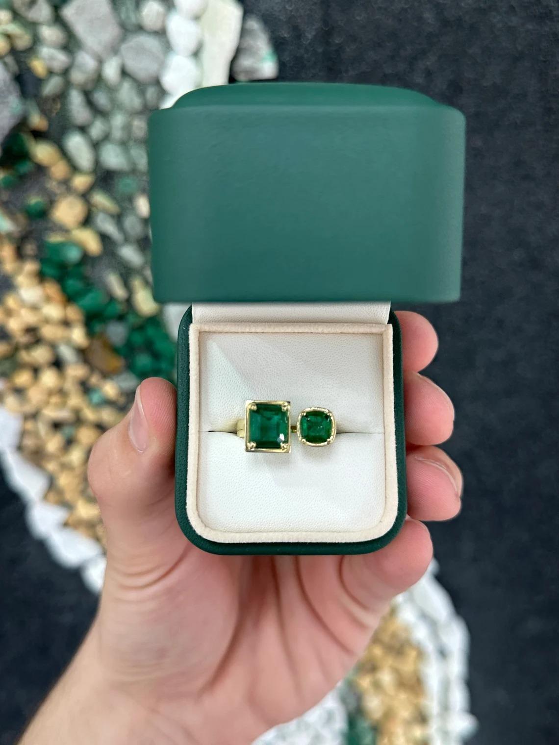 3.80tcw 14K Dark Forest Green Emerald Cut & Asscher Emerald Toi Et Moi Gold Ring For Sale 1