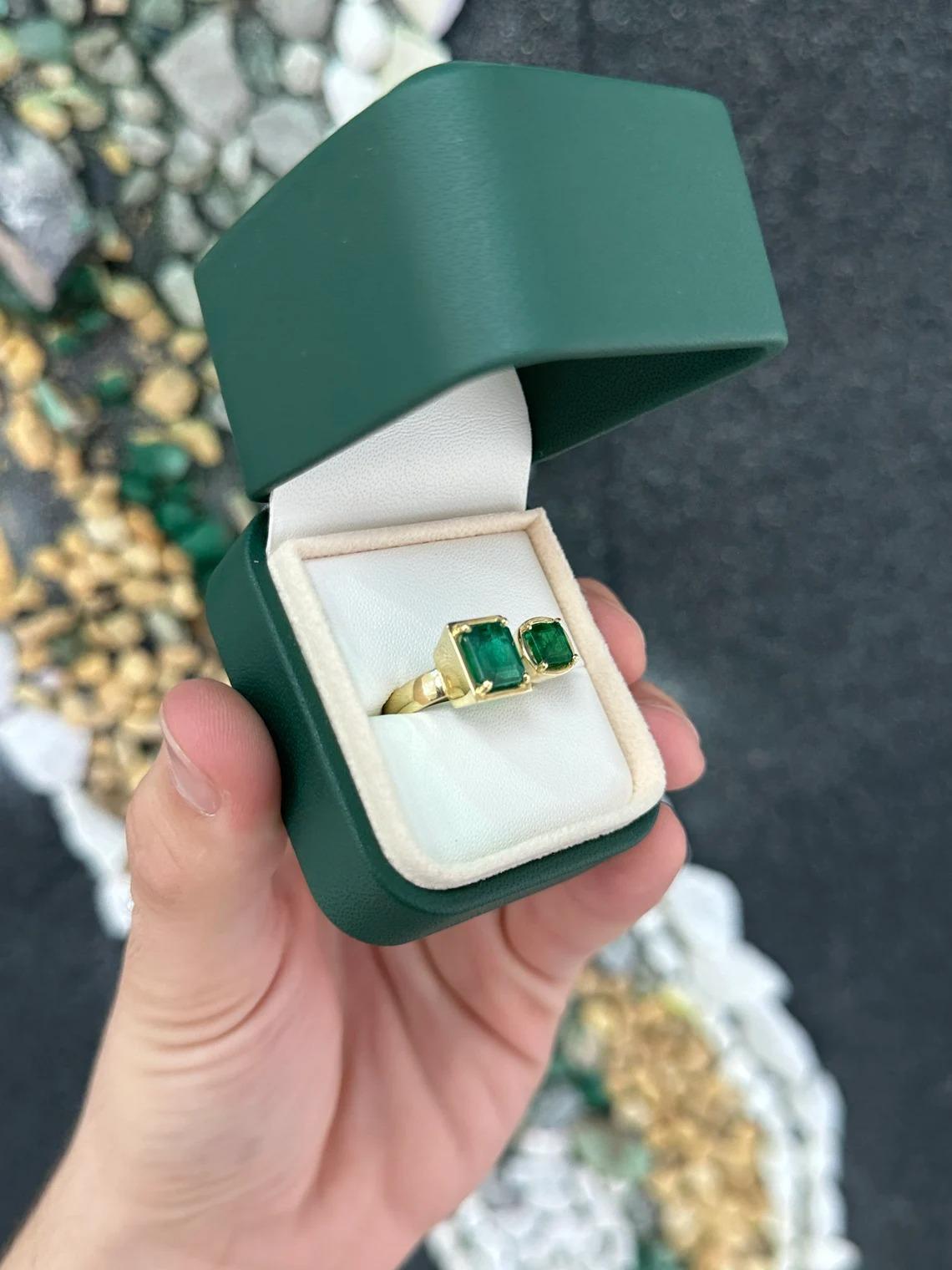 3.80tcw 14K Dark Forest Green Emerald Cut & Asscher Emerald Toi Et Moi Gold Ring For Sale 2