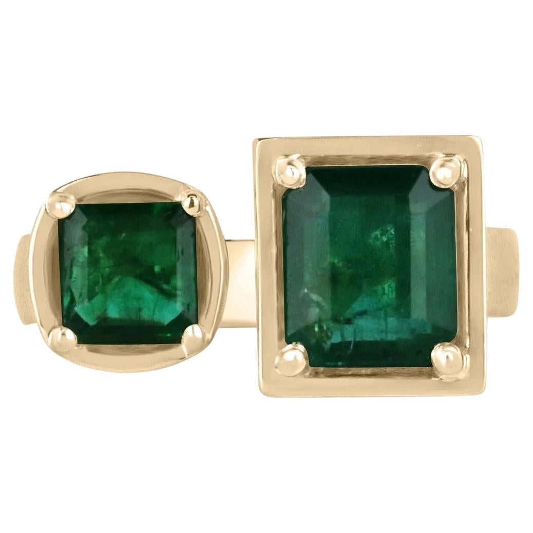 3.80tcw 14K Dark Forest Green Emerald Cut & Asscher Emerald Toi Et Moi Gold Ring For Sale