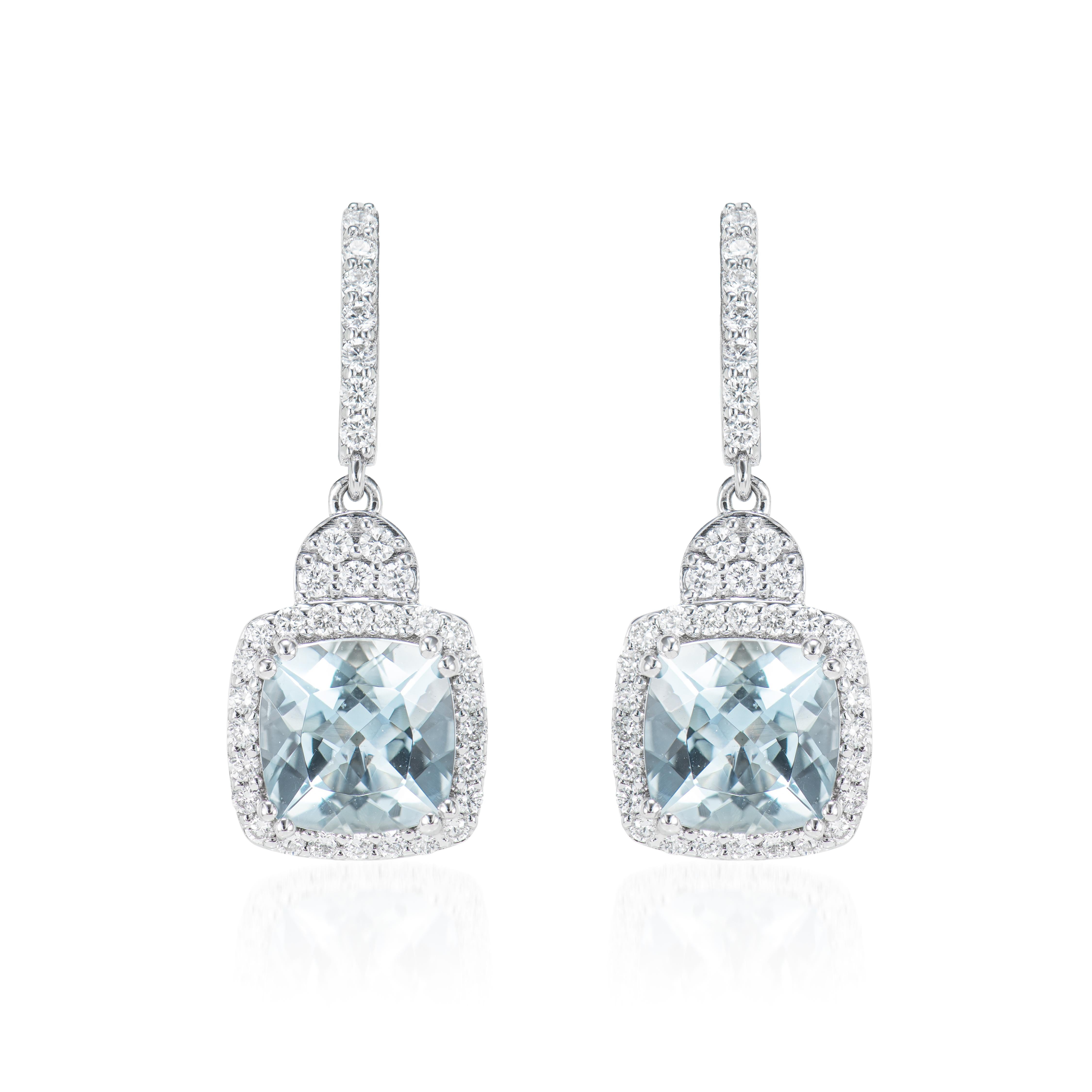 Contemporary 3.81 Carat Aquamarine Drop Earrings in 18 Karat White Gold with Diamond. For Sale