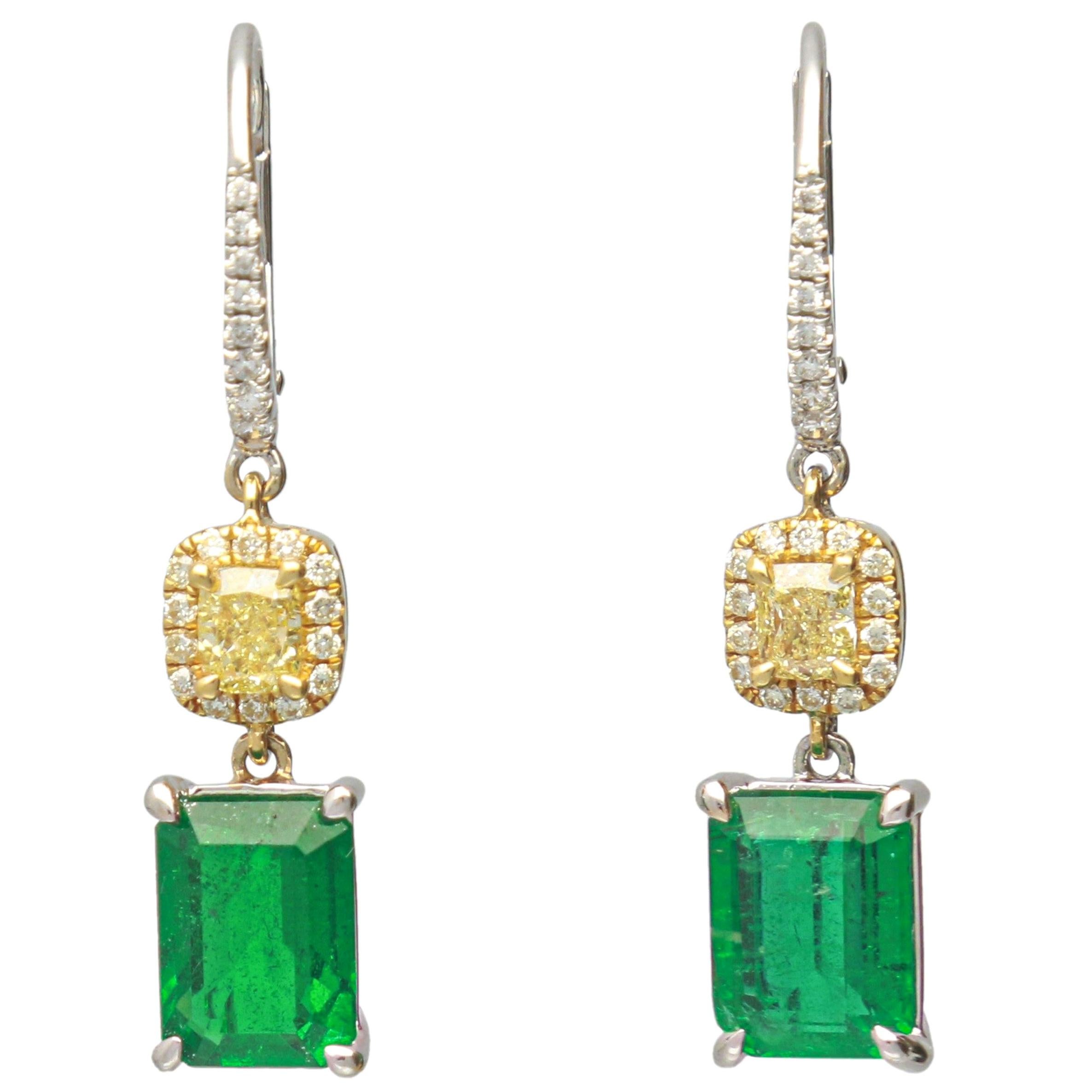 3.81 Carat Emerald 18 Karat Two-Tone Gold Fine Leverback Earring