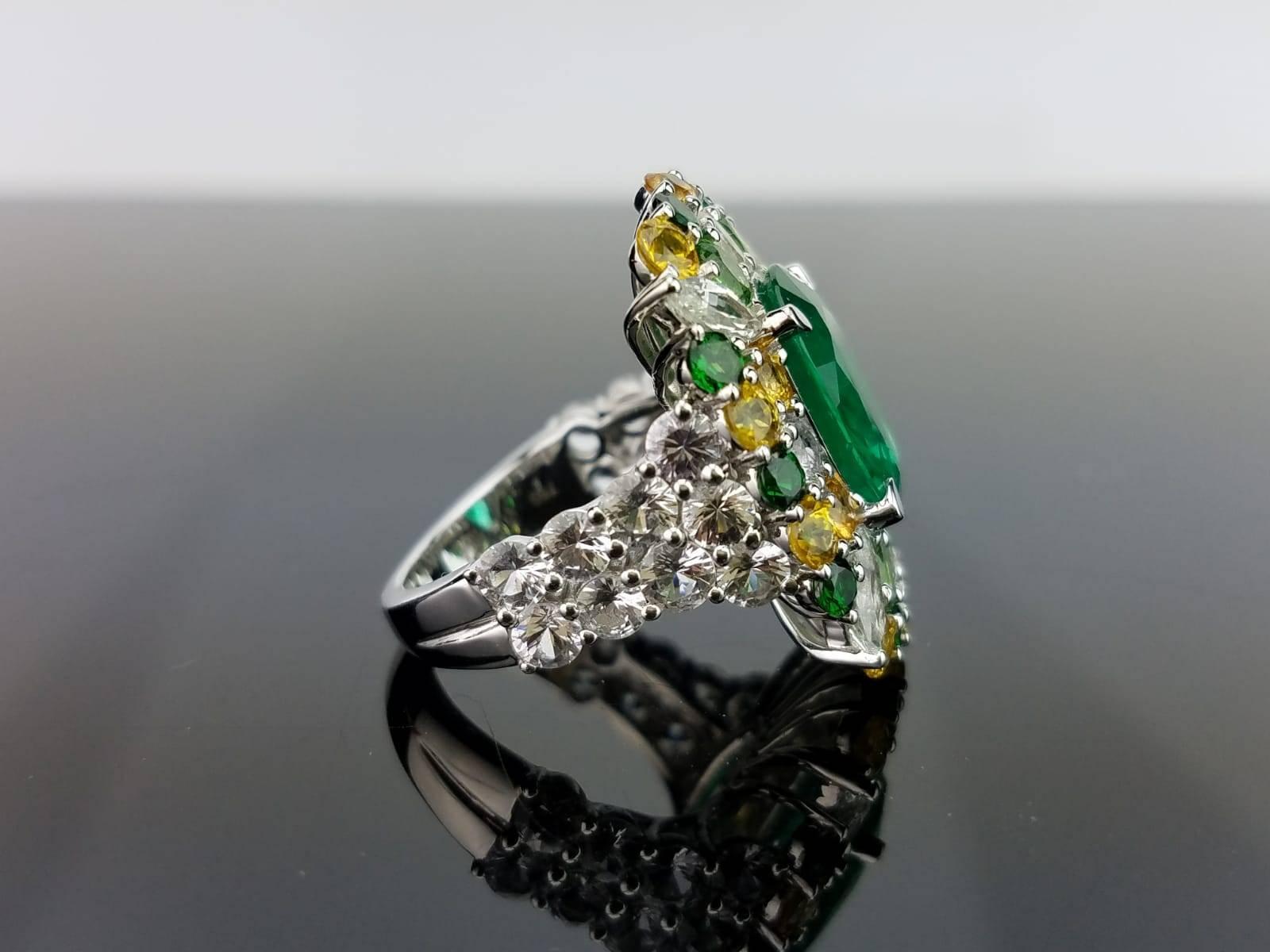 Modern 3.81 Carat Emerald and Colored Sapphire 18 Karat Gold Cocktail Ring