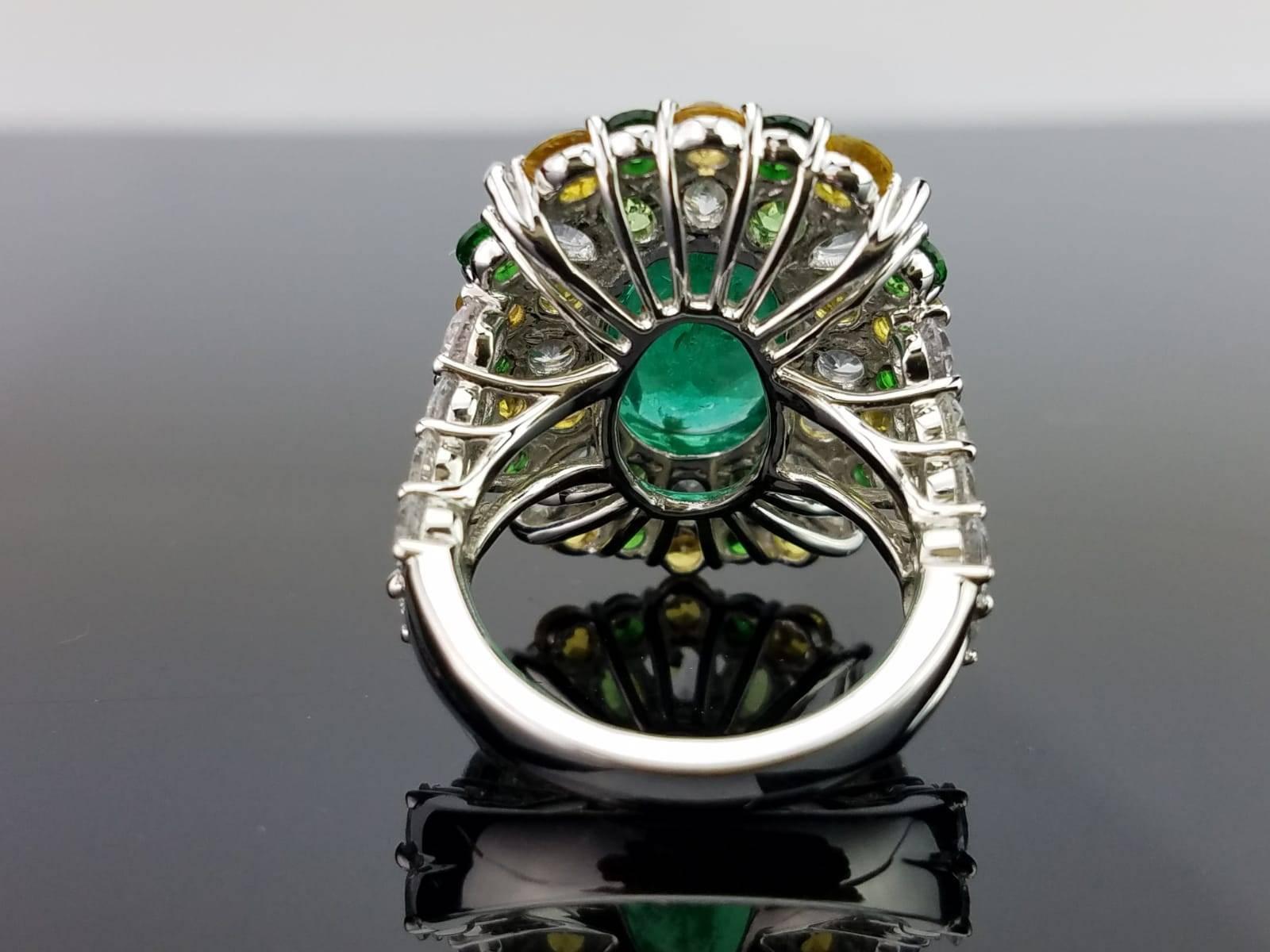 Oval Cut 3.81 Carat Emerald and Colored Sapphire 18 Karat Gold Cocktail Ring