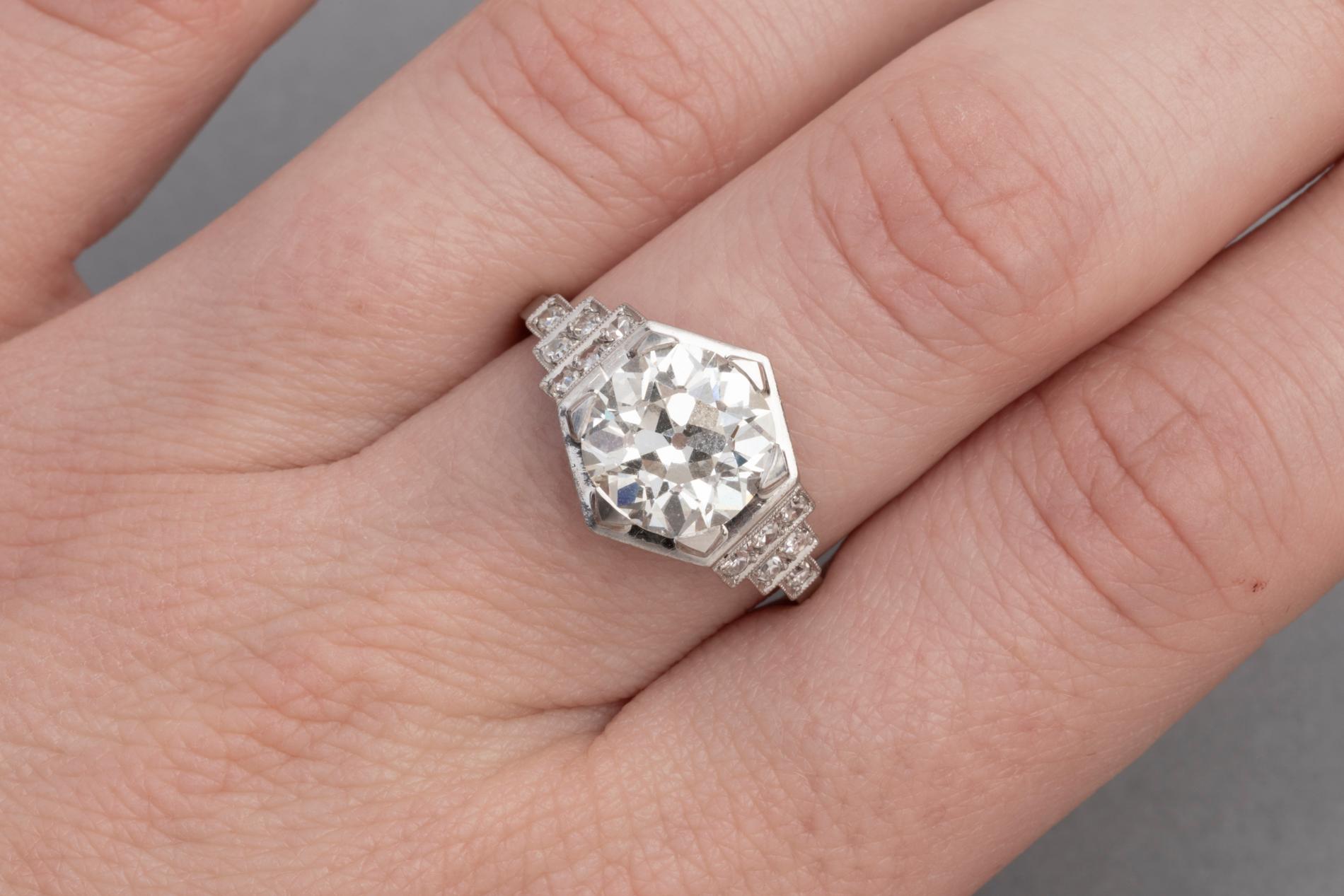 3.81 Carat French Art Deco Ring, Platinum and Diamonds

Very beautiful ring, made in France circa 1930.  The design is elegant.
The ring is mounted in Platinum and set  with a beautiful Round cut Diamond of 3.81 carats.
 K colour and VS clarity.