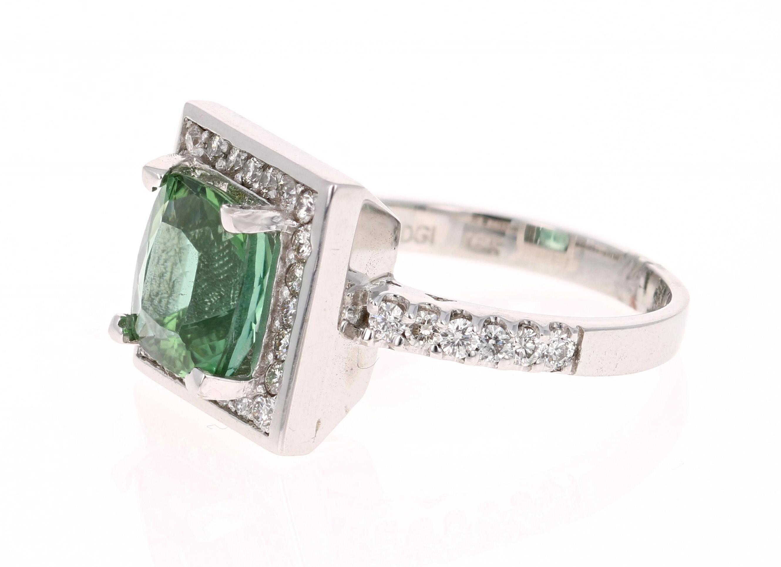 Contemporary 3.81 Carat Green Tourmaline Diamond White Gold Cocktail Ring For Sale