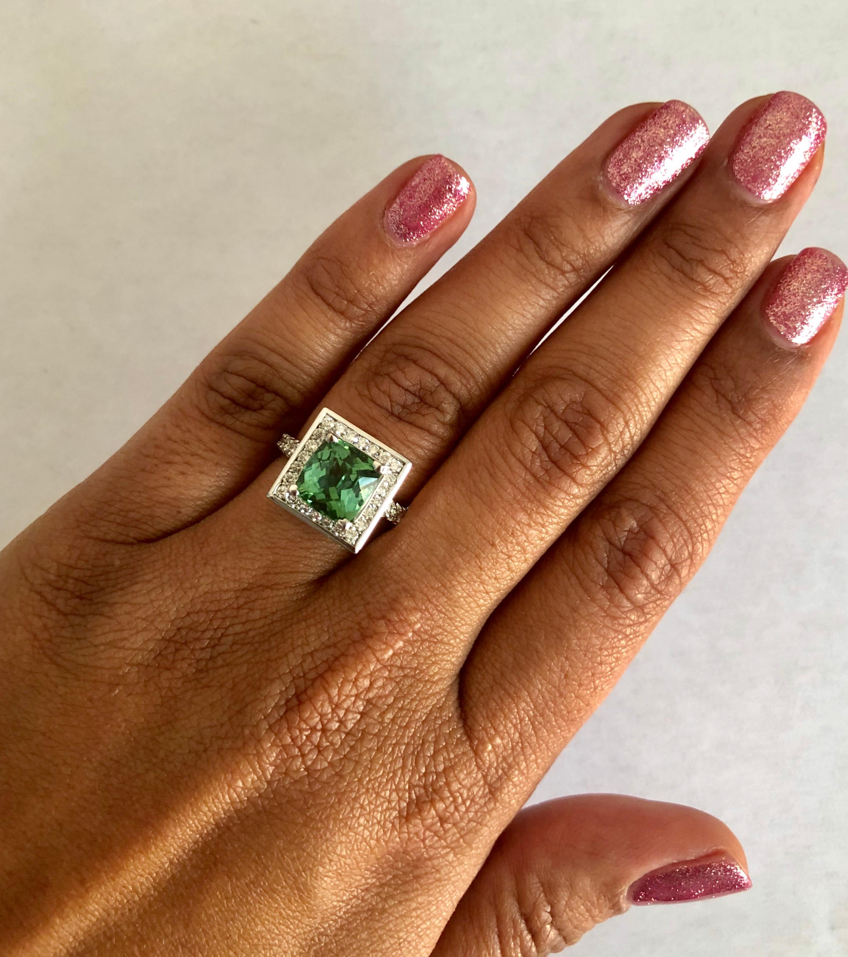 3.81 Carat Green Tourmaline Diamond 14 Karat White Gold Cocktail Ring In New Condition In Los Angeles, CA