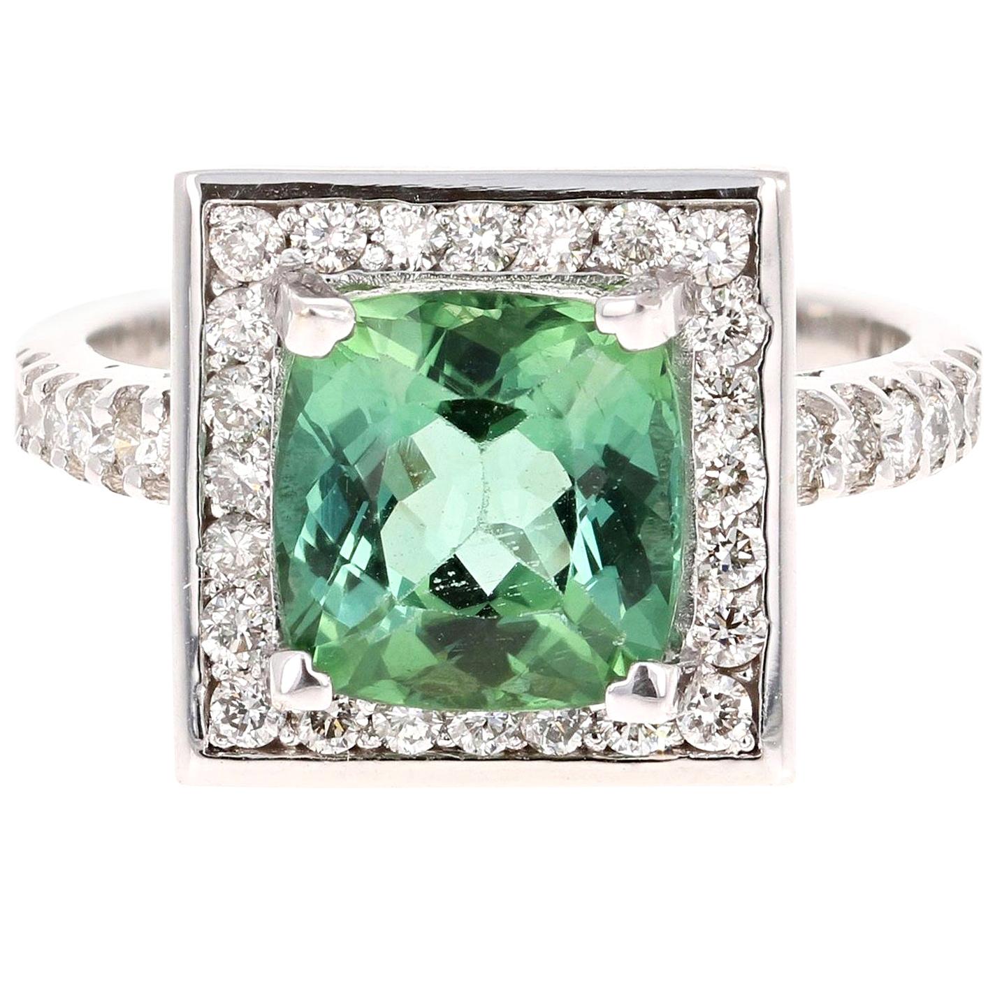 3.81 Carat Green Tourmaline Diamond White Gold Cocktail Ring