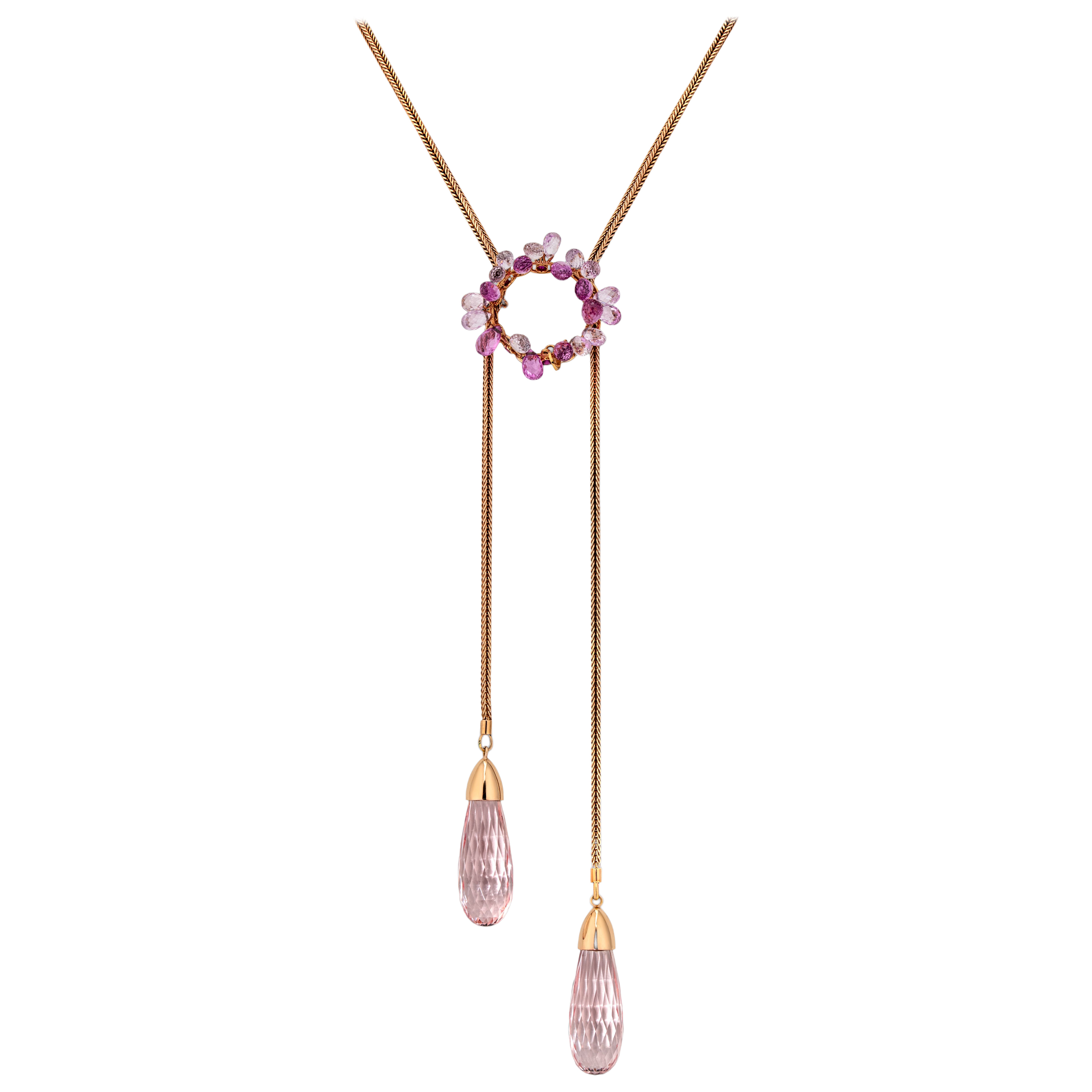 38.1 Carat Morganite Rose Gold Necklace including a Chopard Ring (signed) For Sale