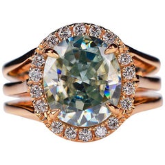 3.81 Carat Oval Fancy Blueish Moissanite & Diamond 18 Karat Golden Cocktail Ring