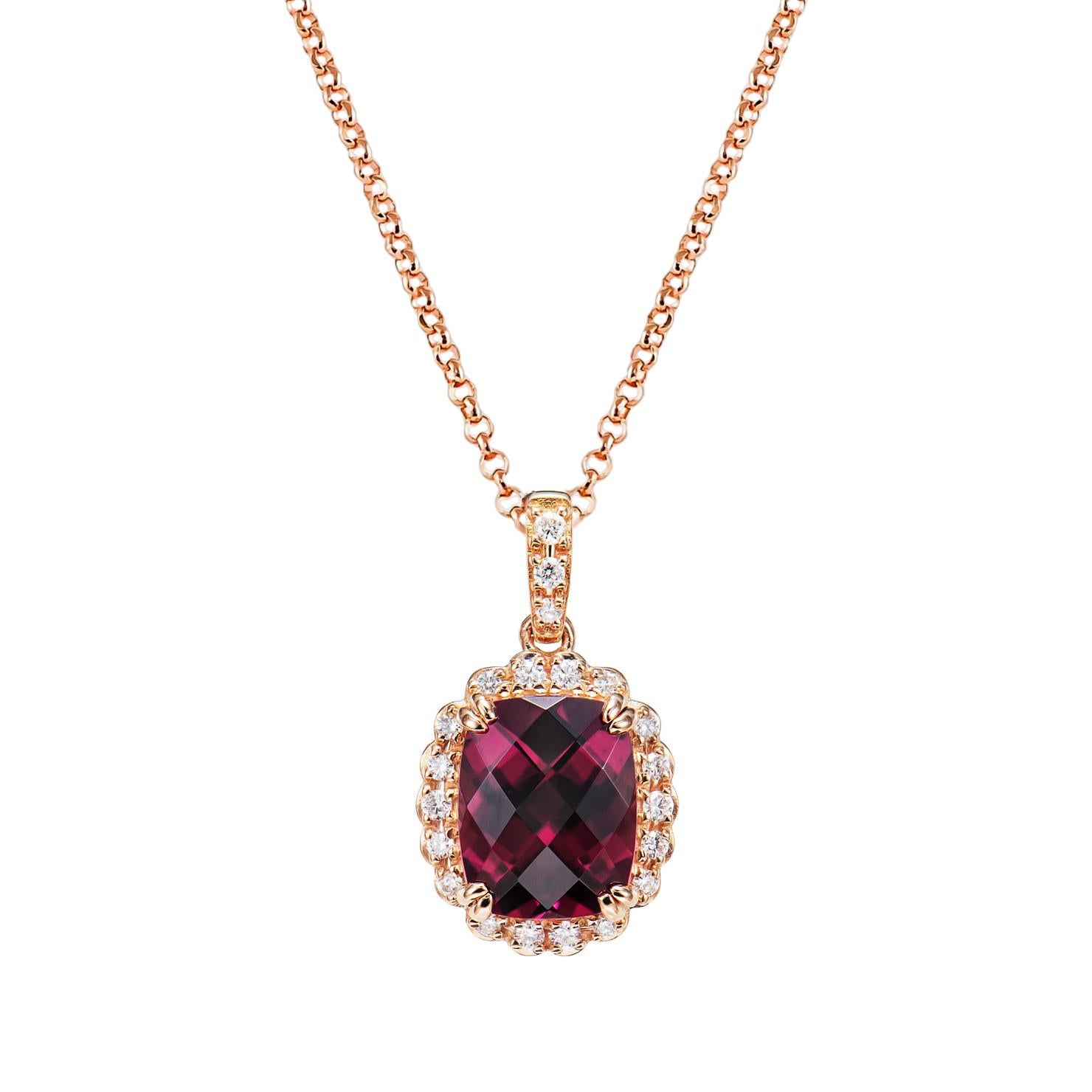 Celebrating Magenta as the color of the year for 2023, we present our exclusive Radiating Rhodolite collection. The magnificent magenta hues in these gems are brought to life in a classic rose gold setting with white diamonds.

Rhodolite Pendant in