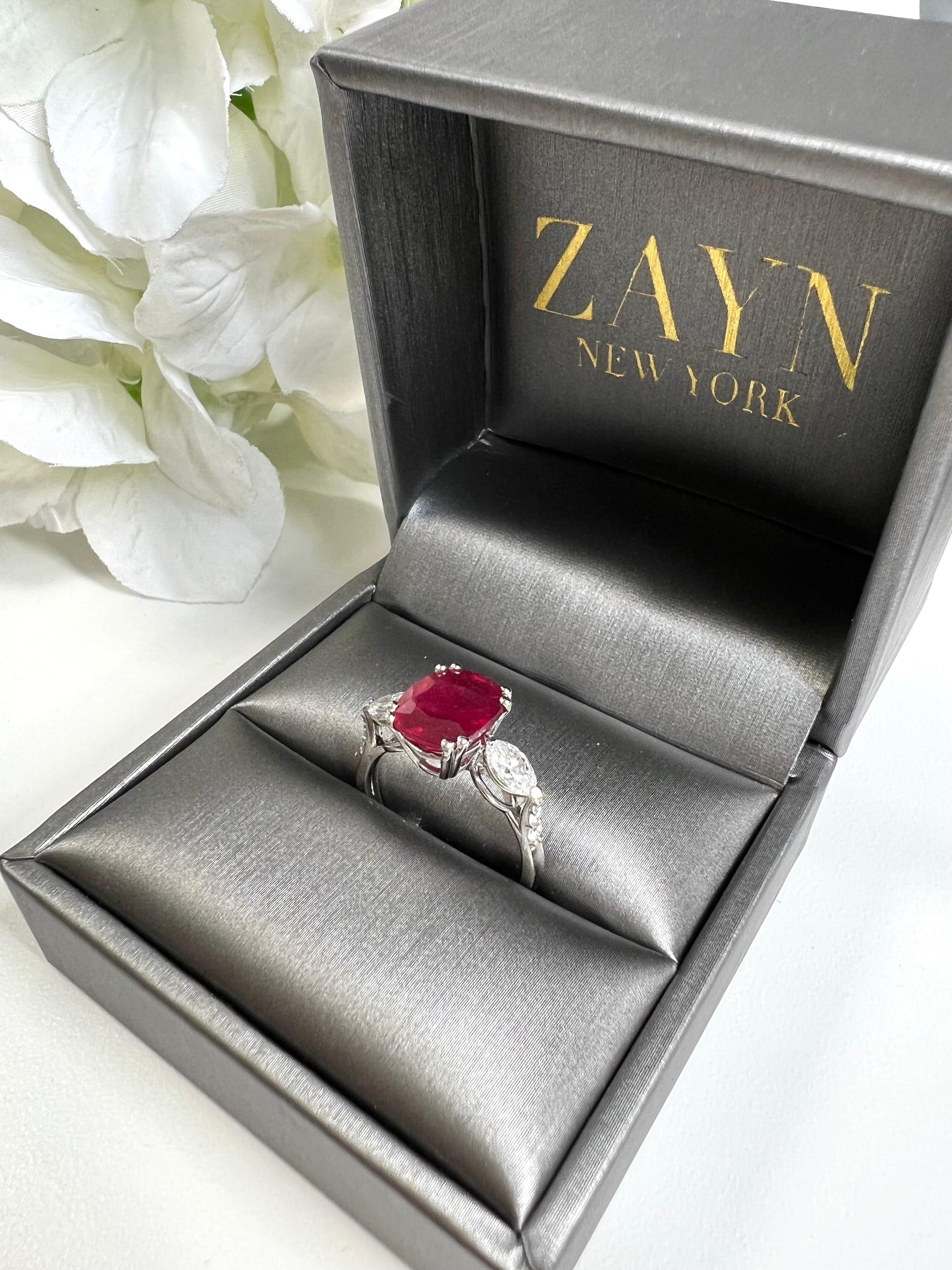 Contemporary 3.81 Carat Ruby Cushion Three Stone Ring Marquise Diamonds For Sale