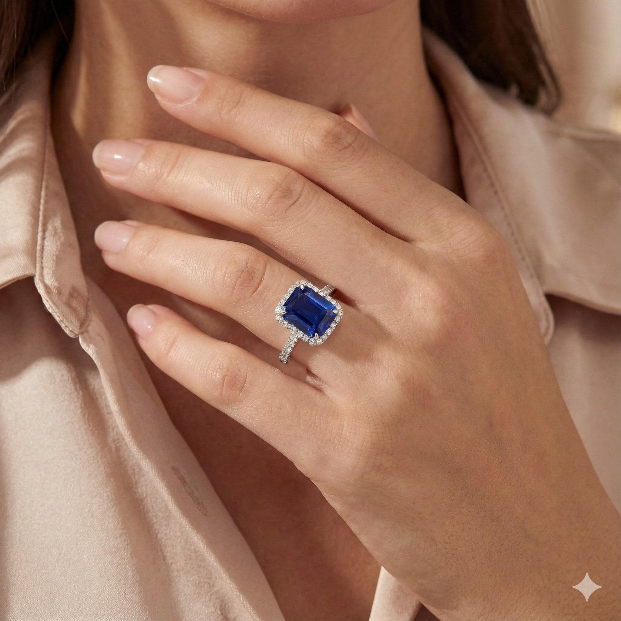 Anillo de cóctel con halo de diamantes y zafiros de 3.81 quilates en venta 2