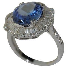 3.81 Carat Sapphire with Baguette and Round Diamond Ring
