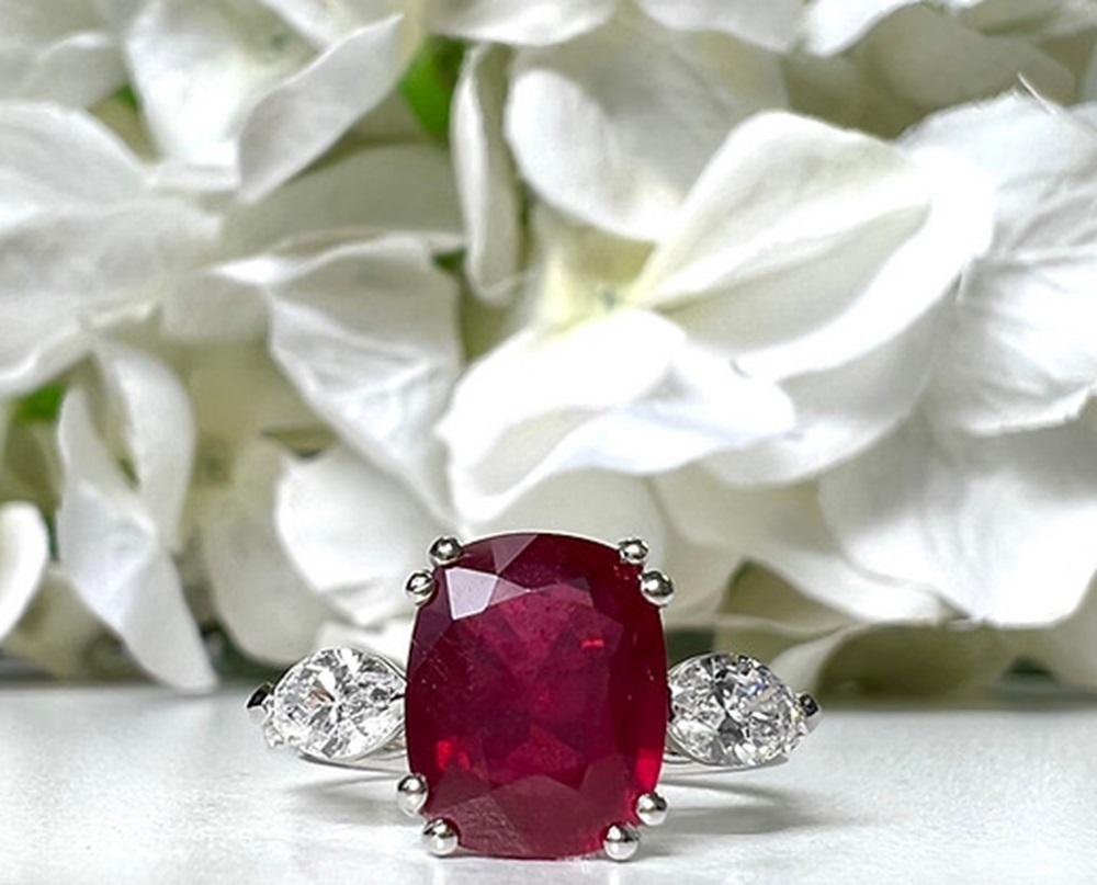 Ruby Weight: 3.81 CTS, Diamond Weight: 0.78 CT, Metal: Platinum, Ring Size: 7, Shape: Cushion, Color: Red, Hardness: 9, Birthstone: July
