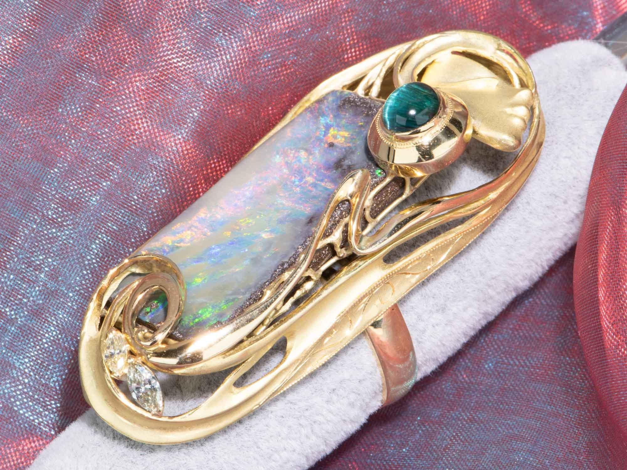 38.17ct Australian Boulder Opal Ring Pendant 18K Gold 35.8g V1129 In New Condition For Sale In Osprey, FL