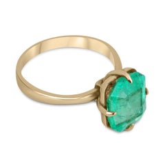 3.81ct 14K Vivid Medium Green Emerald Cut Colombian Emerald Solitaire Gold Ring