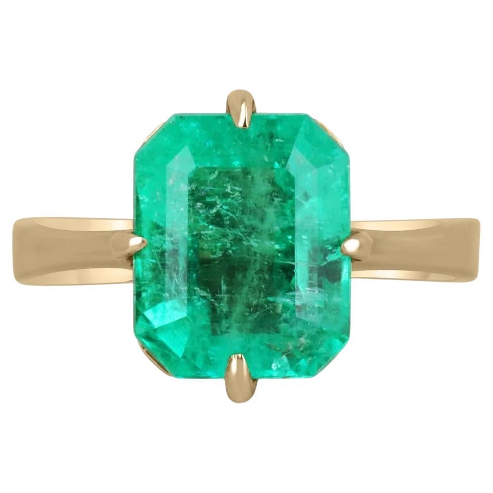 3.81ct 14K Vivid Medium Green Emerald Cut Colombian Emerald Solitaire Gold Ring For Sale