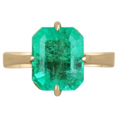 Used 3.81ct 14K Vivid Medium Green Emerald Cut Colombian Emerald Solitaire Gold Ring