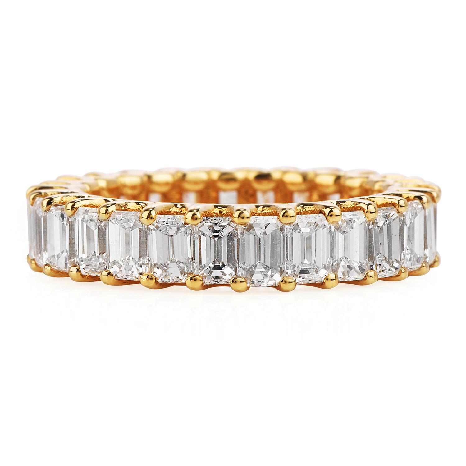 Women's or Men's 3.82 Carat Baguette Cut Diamond Yellow Gold Eternity Band Ring For Sale