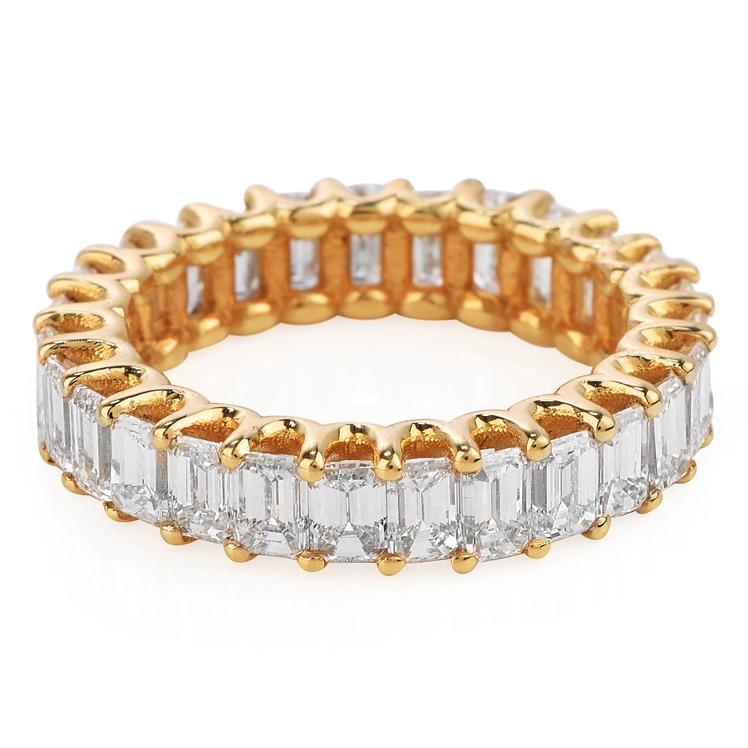 3.82 Carat Baguette Cut Diamond Yellow Gold Eternity Band Ring For Sale 1