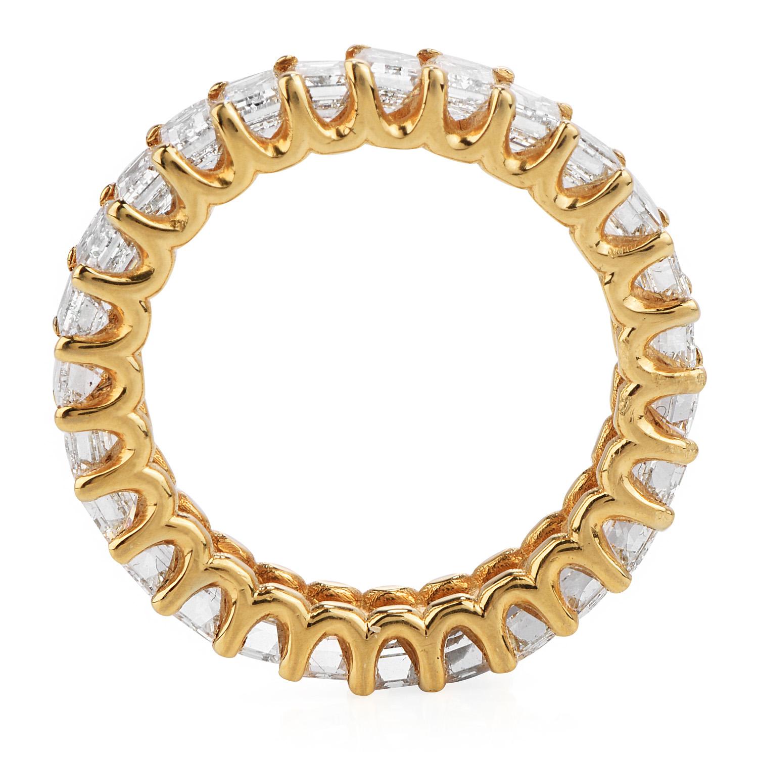 3.82 Carat Baguette Cut Diamond Yellow Gold Eternity Band Ring For Sale 2