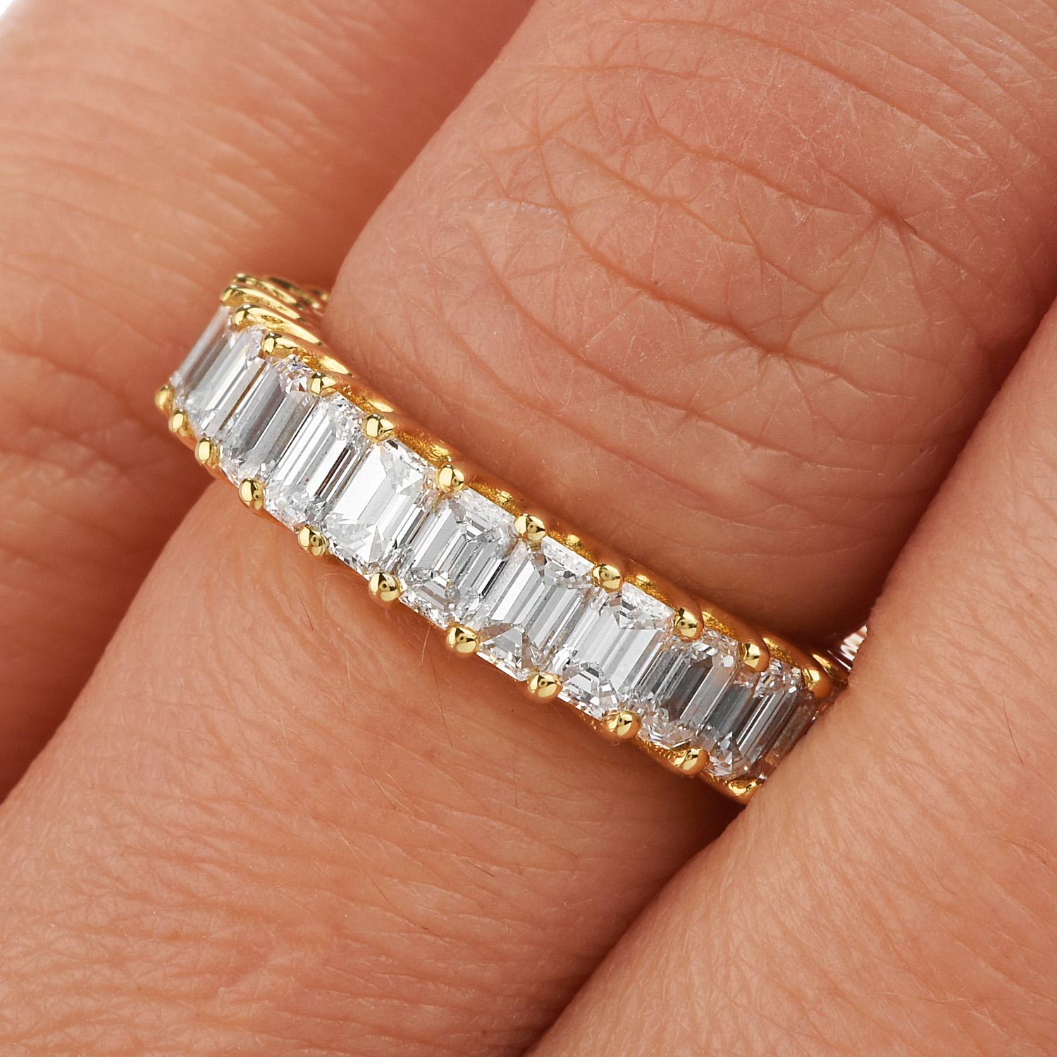 3.82 Carat Baguette Cut Diamond Yellow Gold Eternity Band Ring For Sale 3