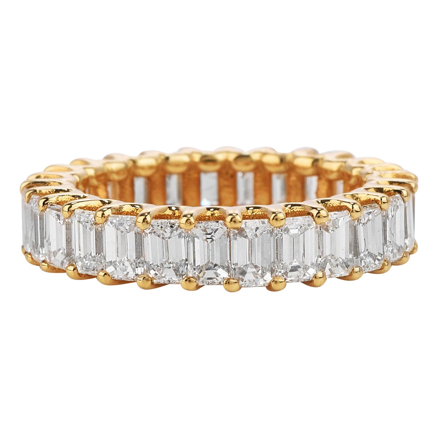 Elegance and endless love in a classic eternity wedding band ring. 

Hand Crafted in solid 14K yellow gold, it is adorned by (27) Baguette-cut, Pave-set, High-Quality genuine Diamonds weighing in total 3.82 carats, (F-G  color and VS1