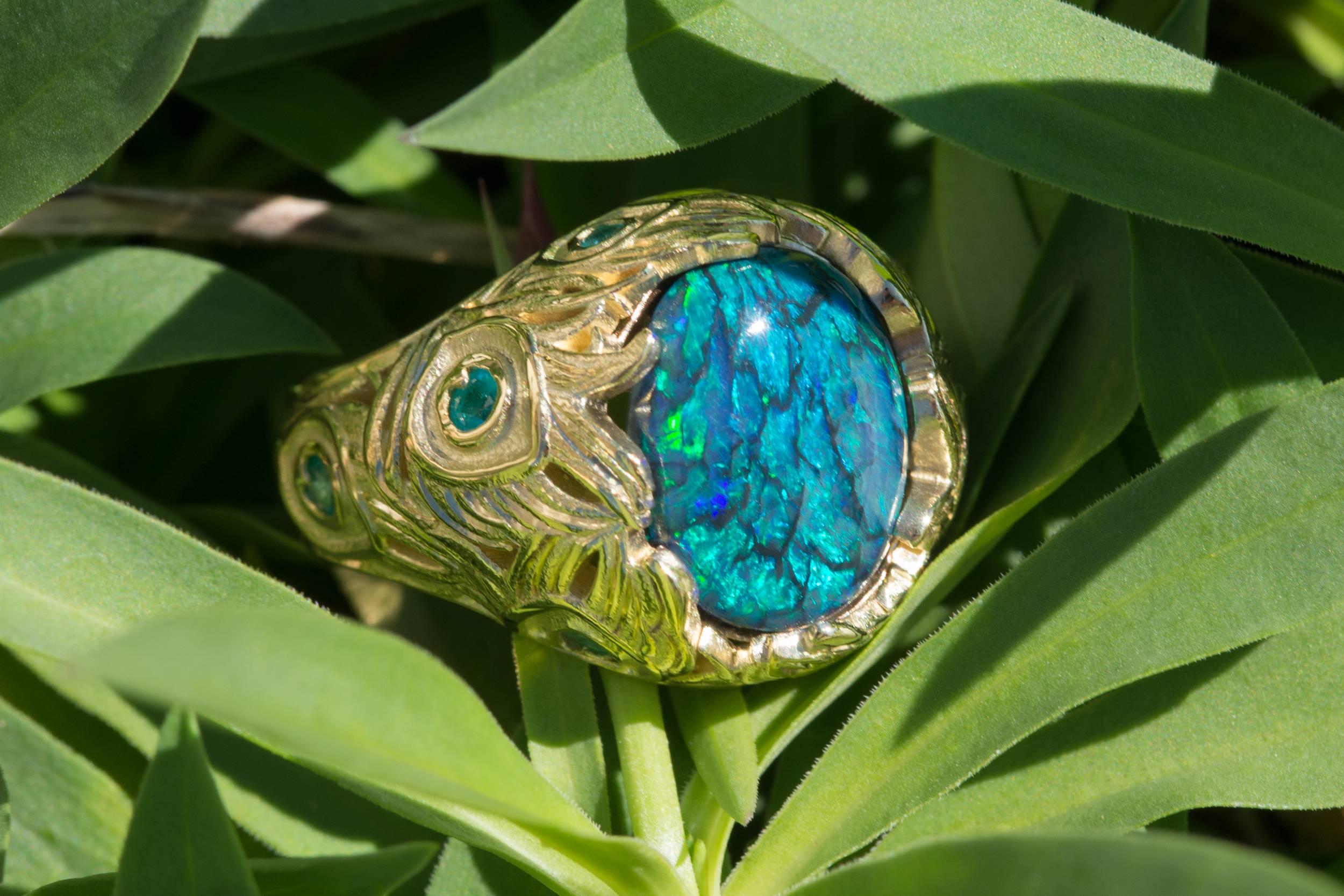 3.82 Carat Black Opal with Paraiba Tourmaline Peacock Ring in 18K Yellow Gold 3